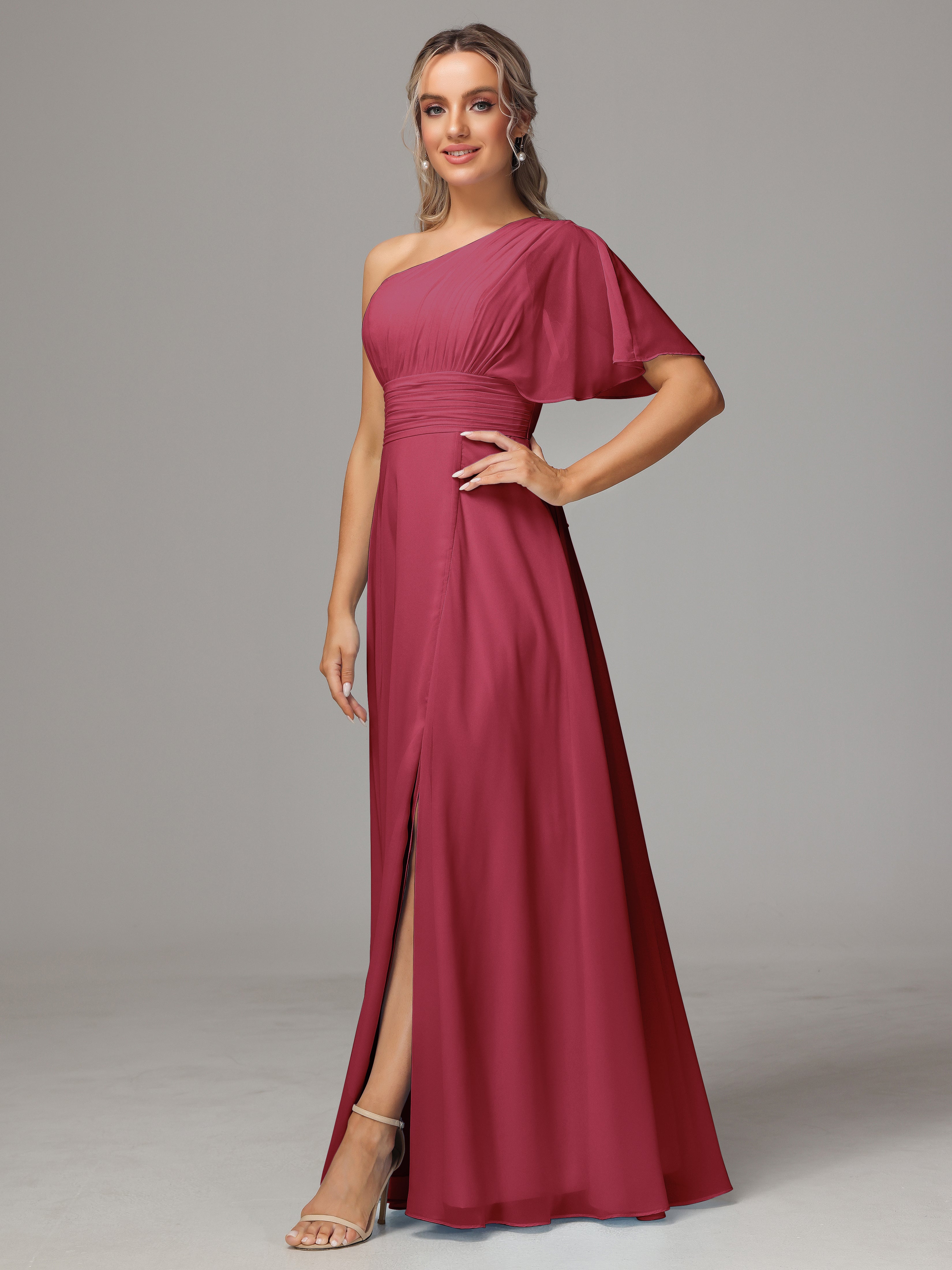 Robe Demoiselle D Honneur Rose Cannelle Seule Épaule Mousseline Robe Demoiselle D'Honneur