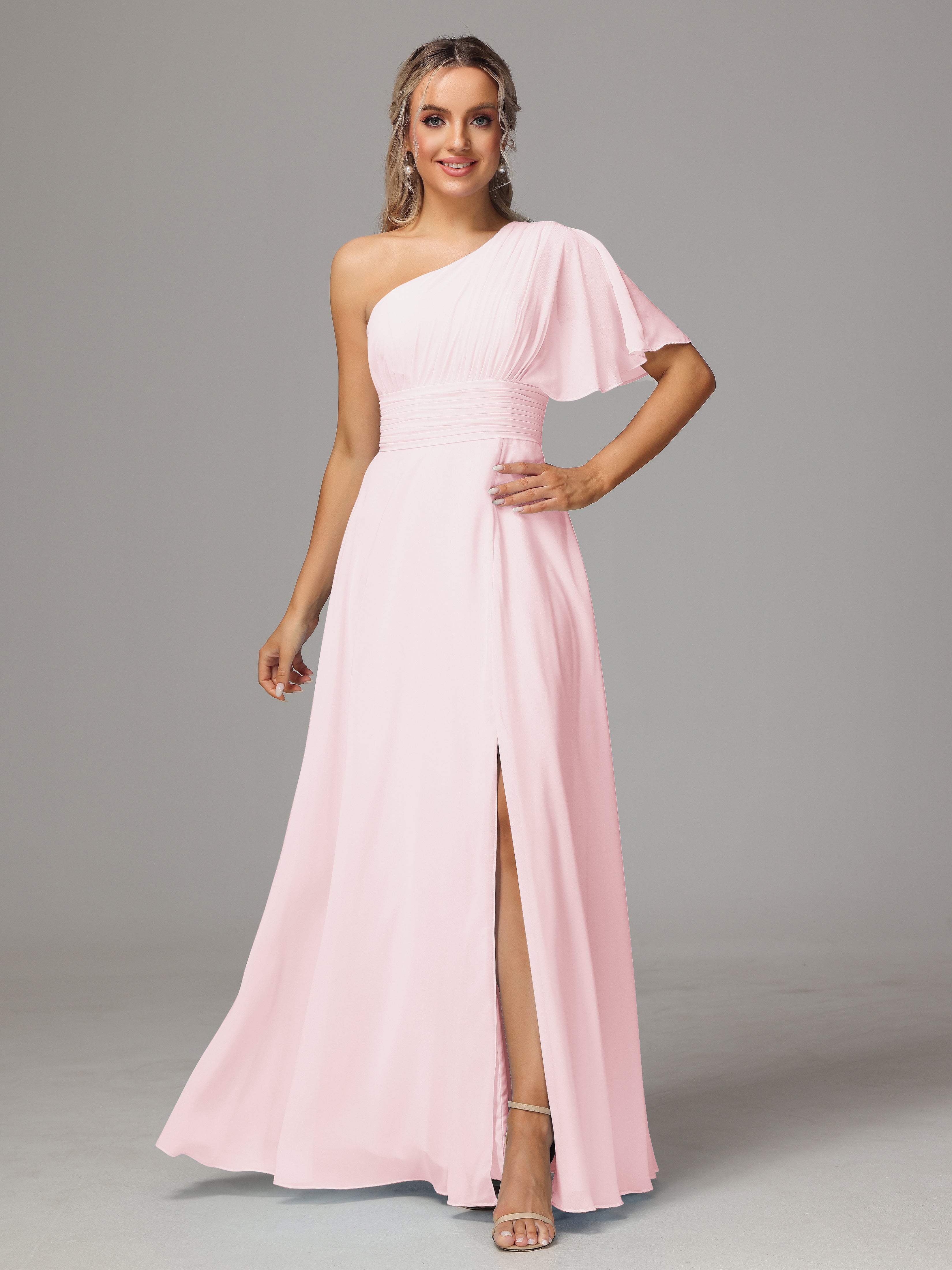 Rose Pale Robe Demoiselle D Honneur Fendue Seule Épaule Mousseline Robe Demoiselle D'Honneur