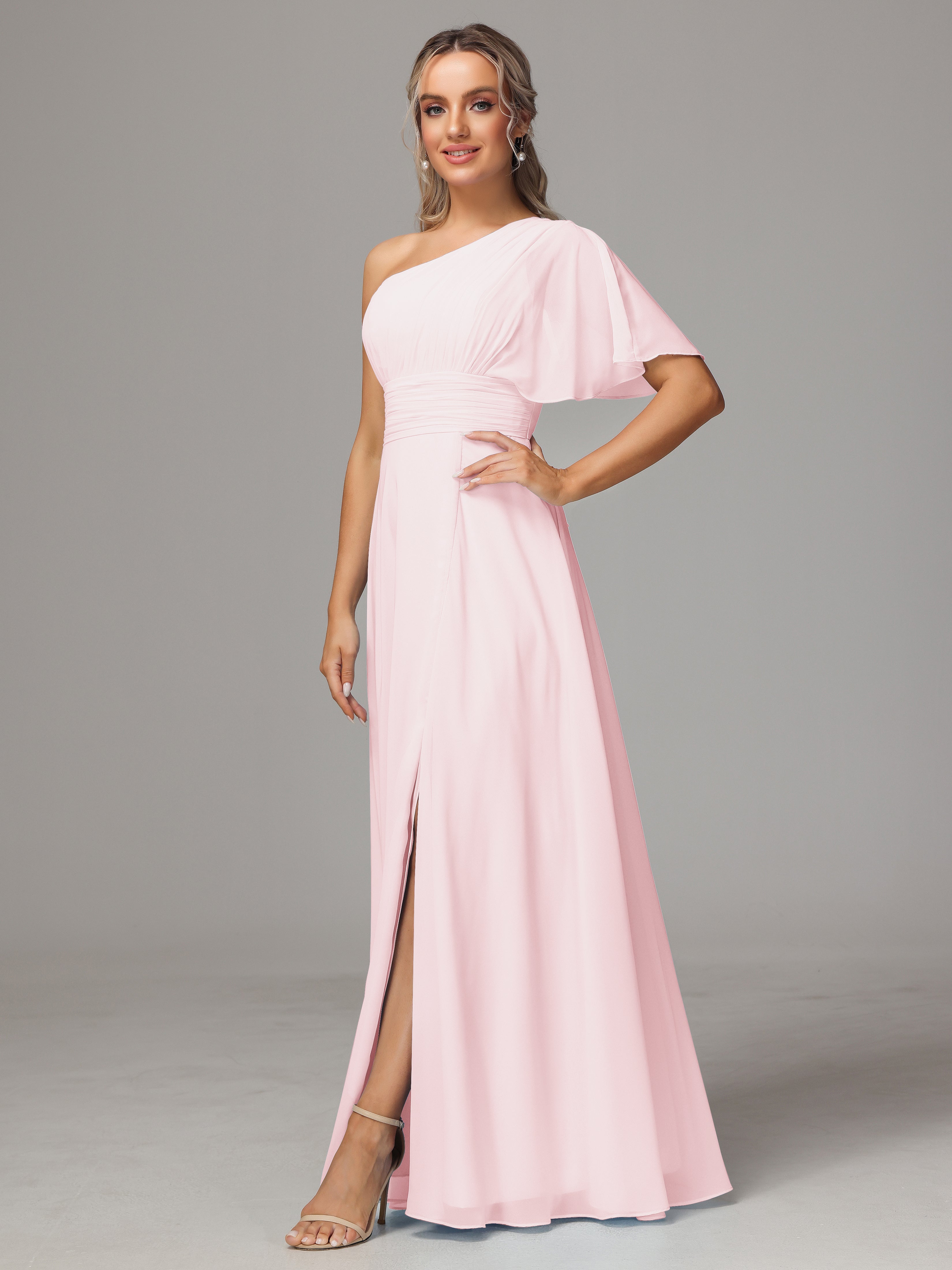 Rose Pale Robe Demoiselle D Honneur Fendue Seule Épaule Mousseline Robe Demoiselle D'Honneur