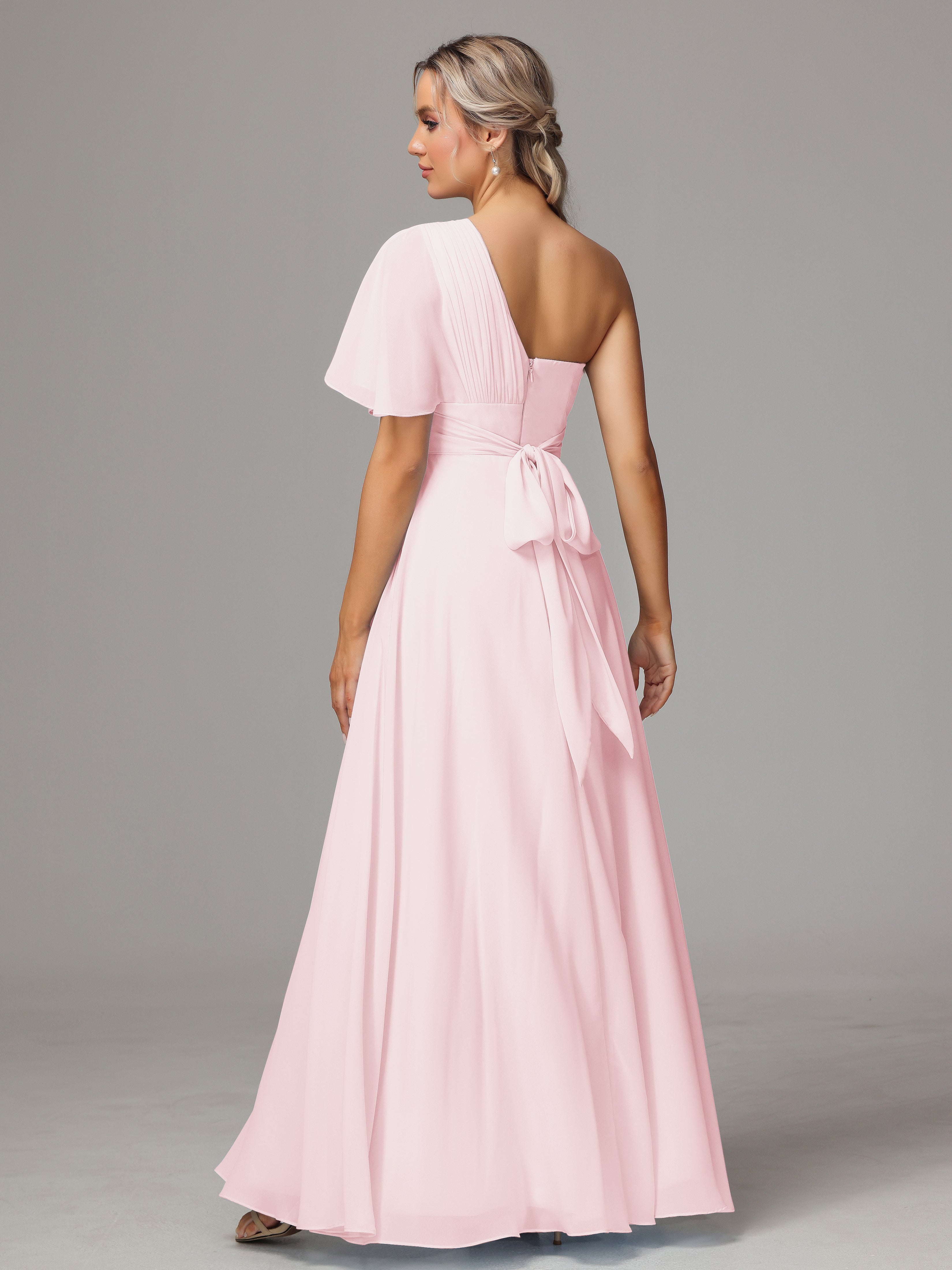 Rose Pale Robe Demoiselle D Honneur Fendue Seule Épaule Mousseline Robe Demoiselle D'Honneur