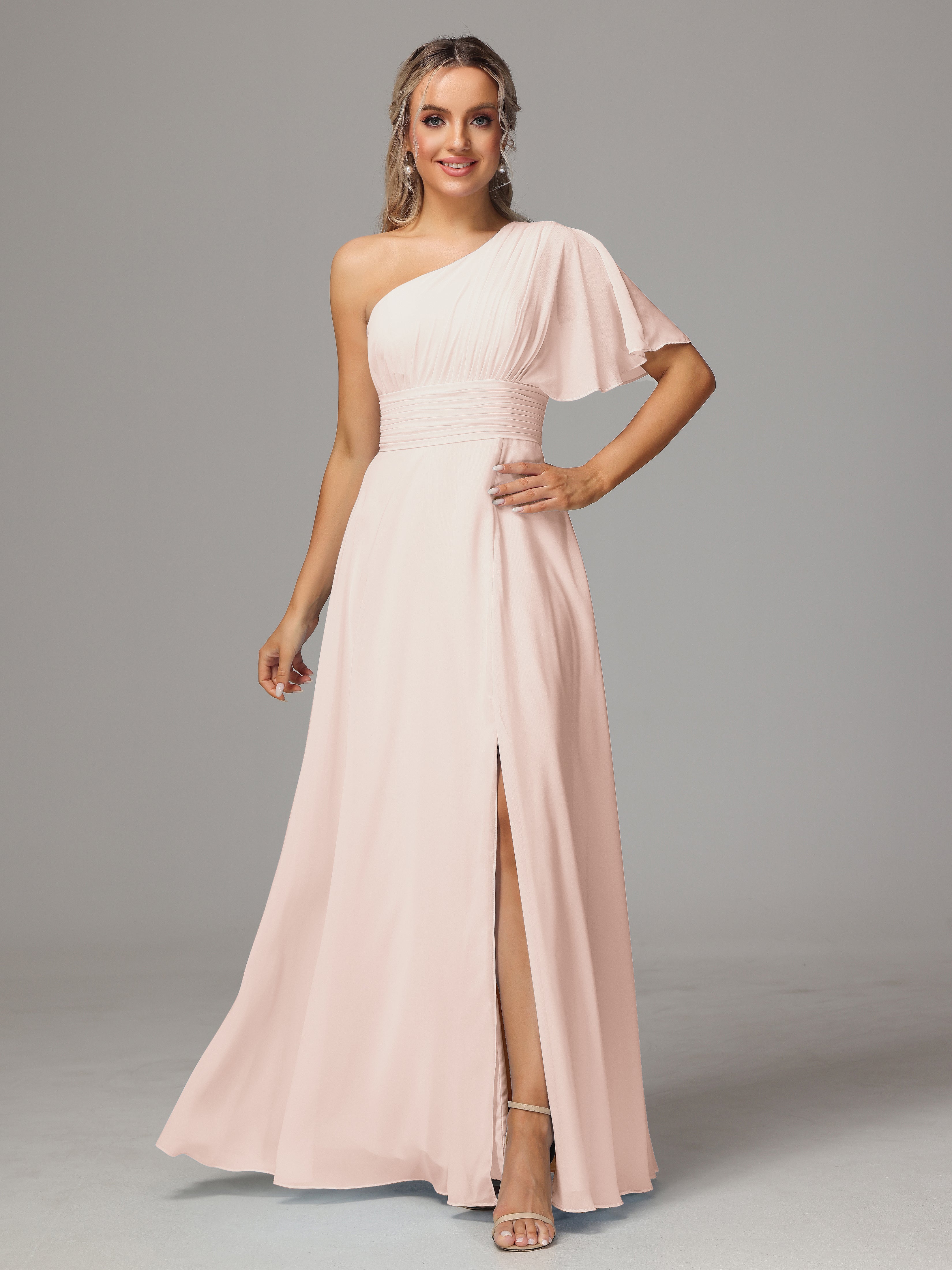 Robe Demoiselle D Honneur Rose Perle Fendue Seule Épaule Mousseline Robe Demoiselle D'Honneur