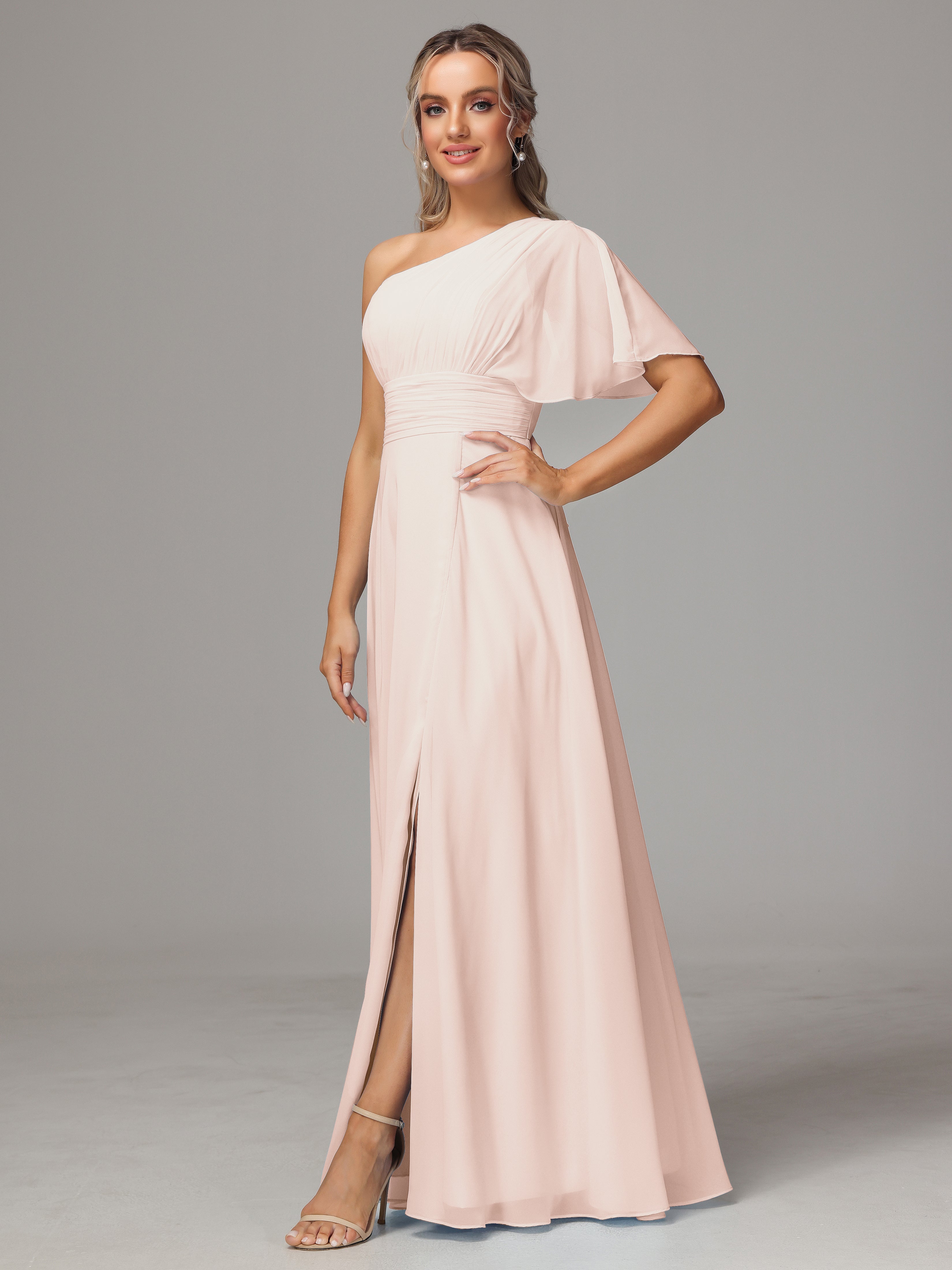 Robe Demoiselle D Honneur Rose Perle Fendue Seule Épaule Mousseline Robe Demoiselle D'Honneur