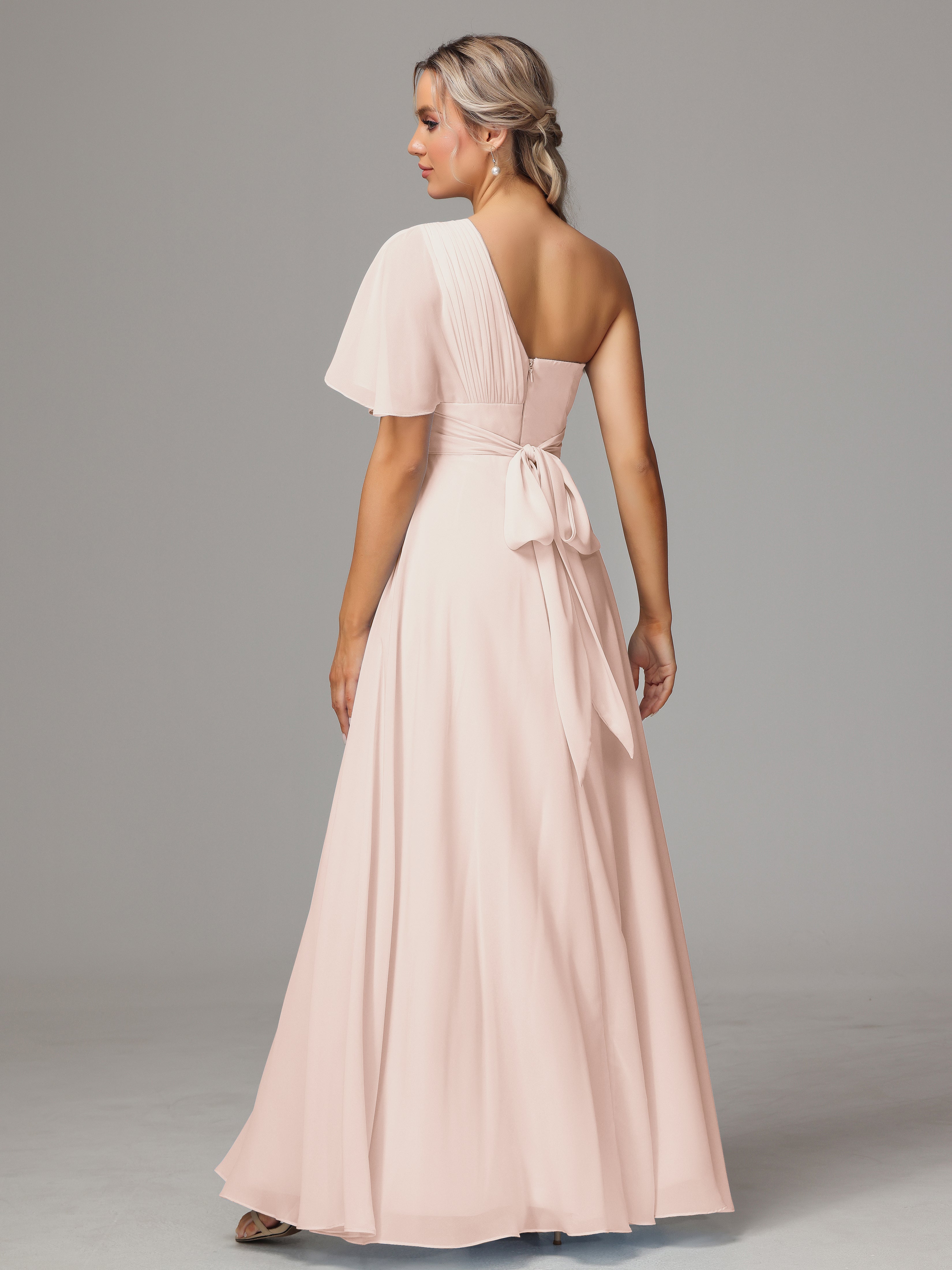 Robe Demoiselle D Honneur Rose Perle Fendue Seule Épaule Mousseline Robe Demoiselle D'Honneur
