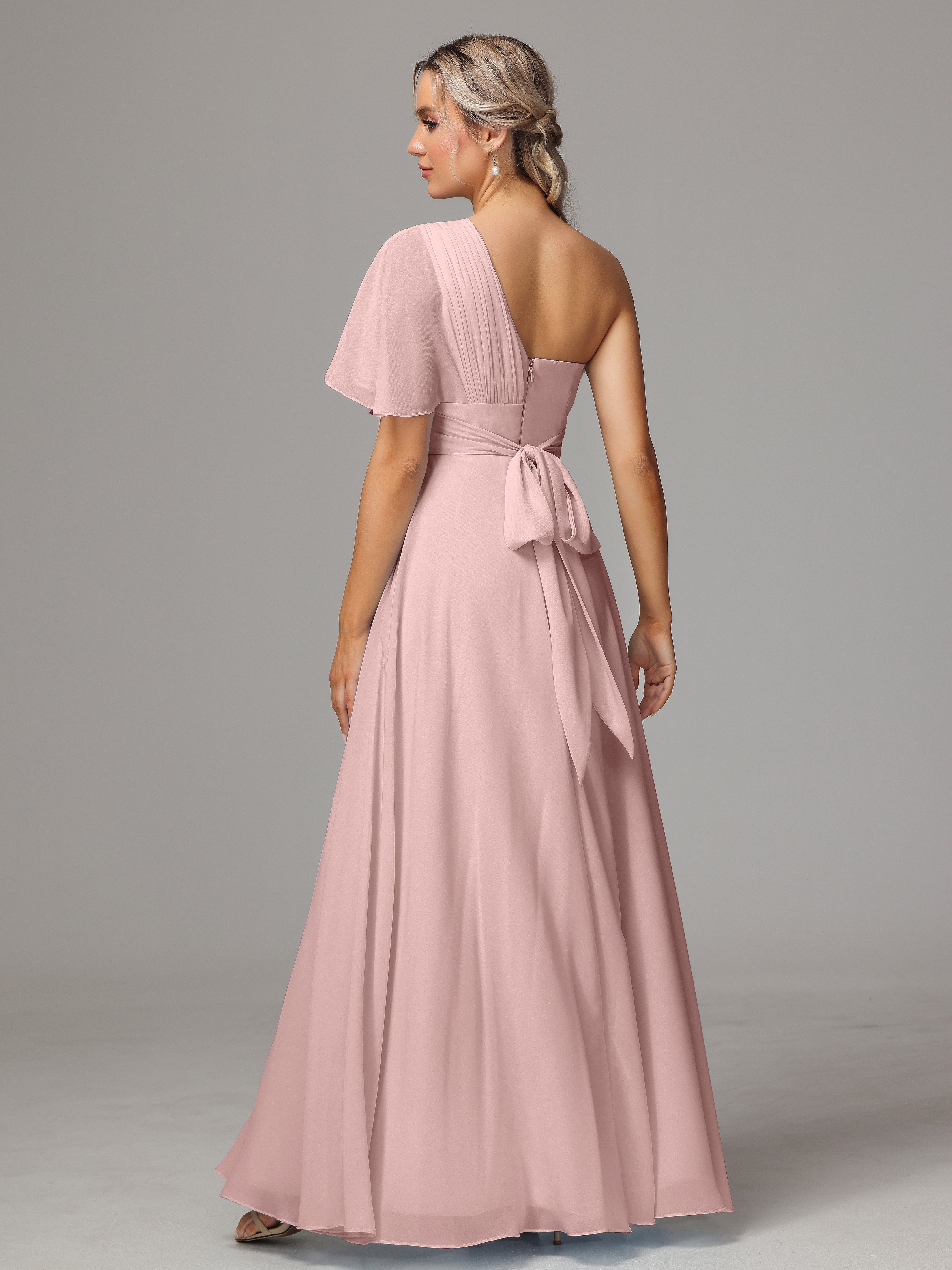 Robe Rose Poudré Mariage Demoiselle D Honneur Fendue Seule Épaule Mousseline Robe Demoiselle D'Honneur