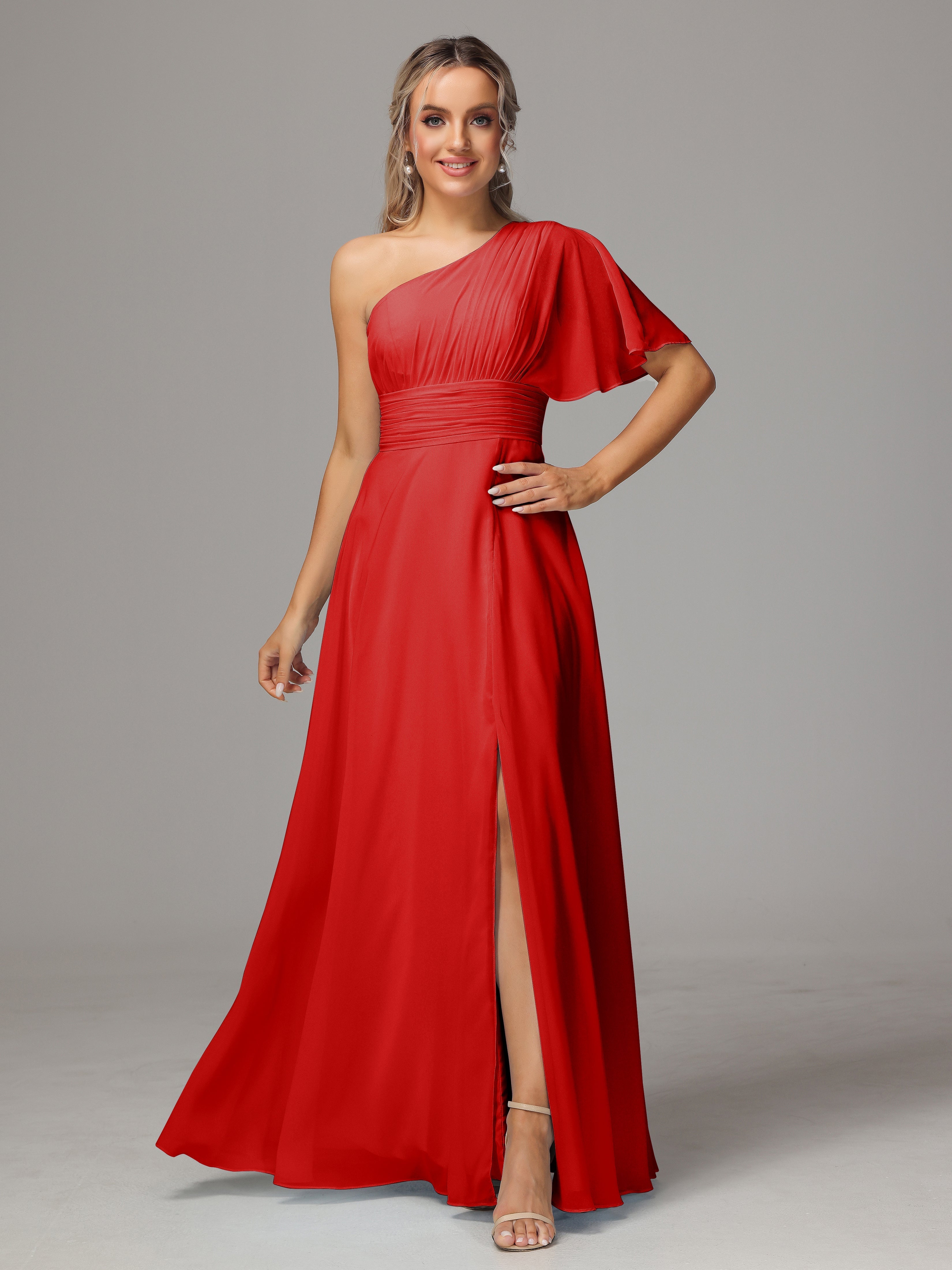 Robe Rouge De Demoiselle D Honneur Fendue Seule Épaule Mousseline Robe Demoiselle D'Honneur