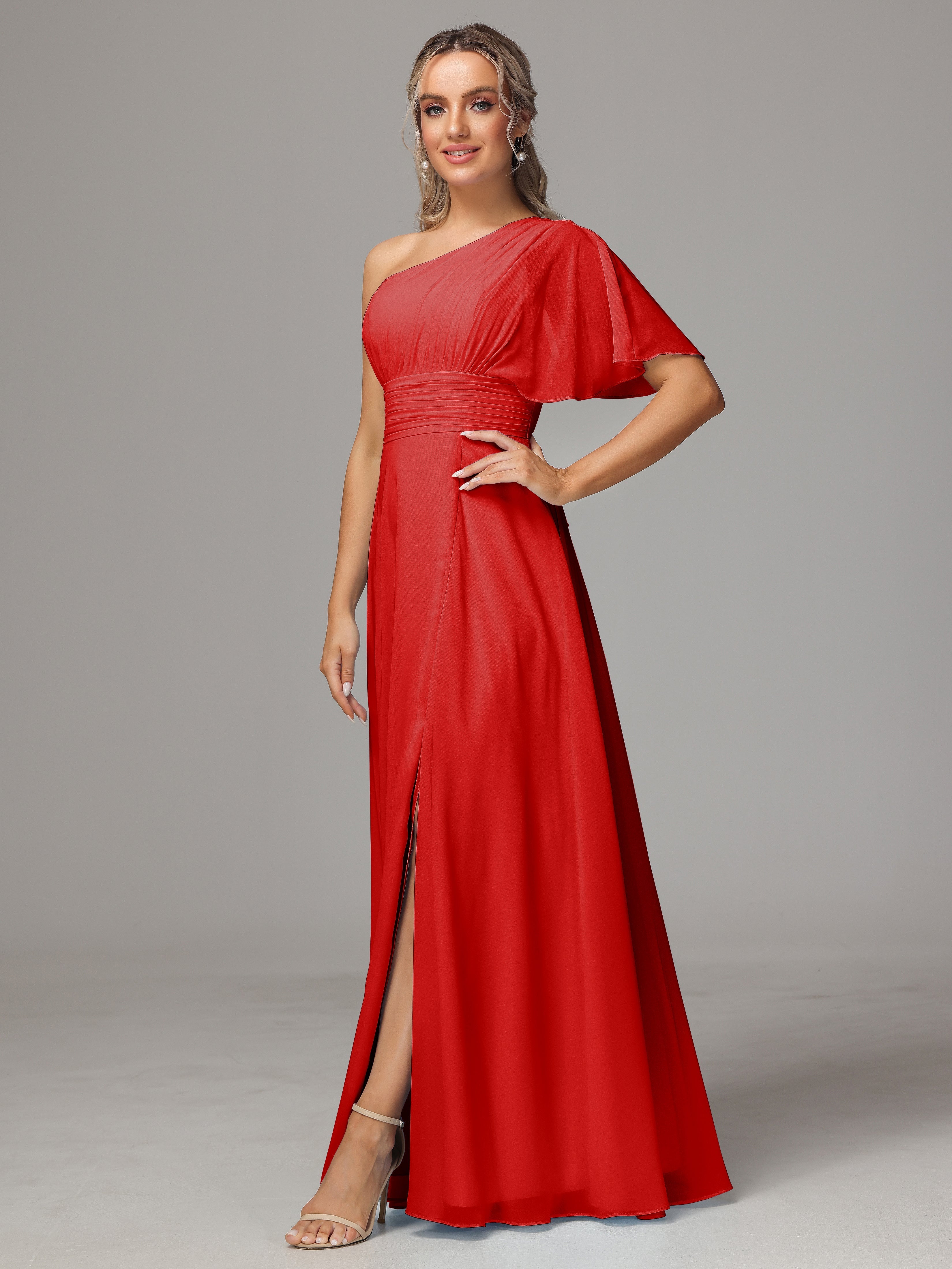 Robe Rouge De Demoiselle D Honneur Fendue Seule Épaule Mousseline Robe Demoiselle D'Honneur