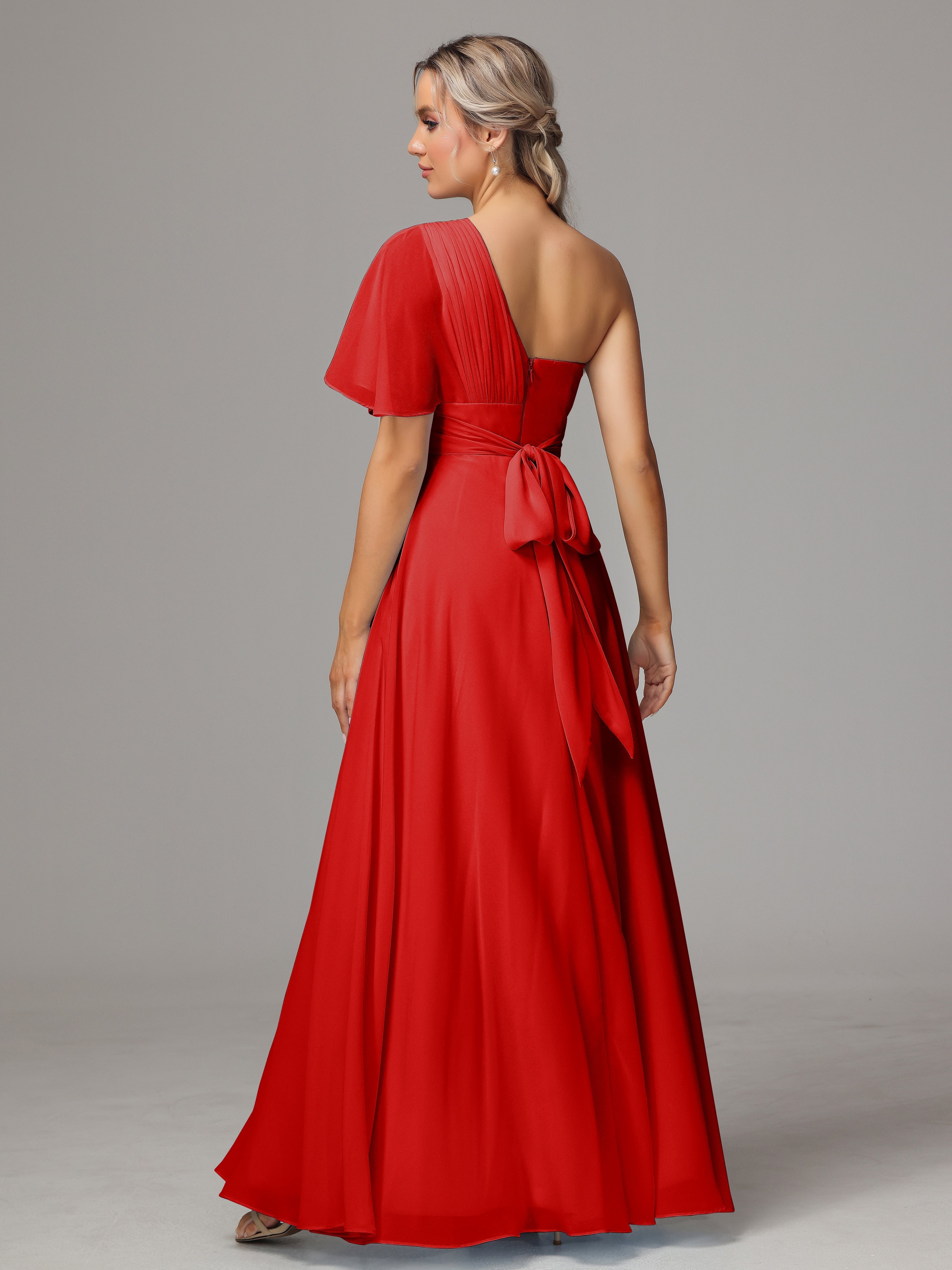 Robe Rouge De Demoiselle D Honneur Fendue Seule Épaule Mousseline Robe Demoiselle D'Honneur