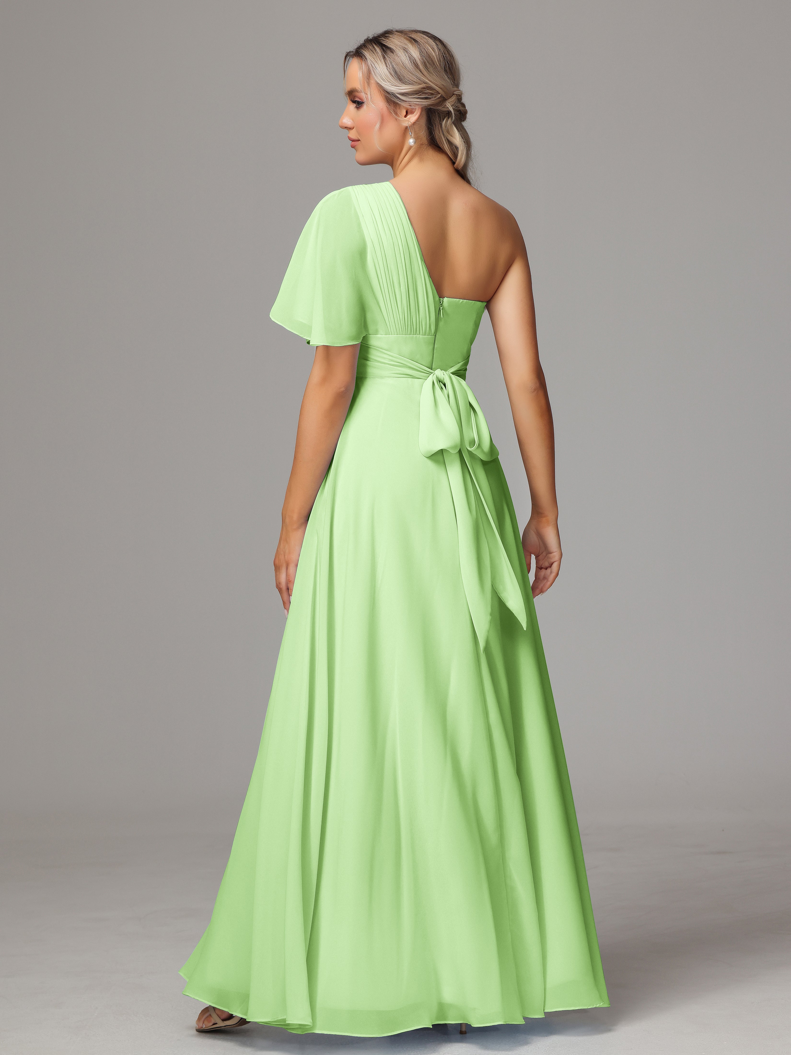 Demoiselle D Honneur Vert Sauge Fendue Seule Épaule Mousseline Robe Demoiselle D'Honneur