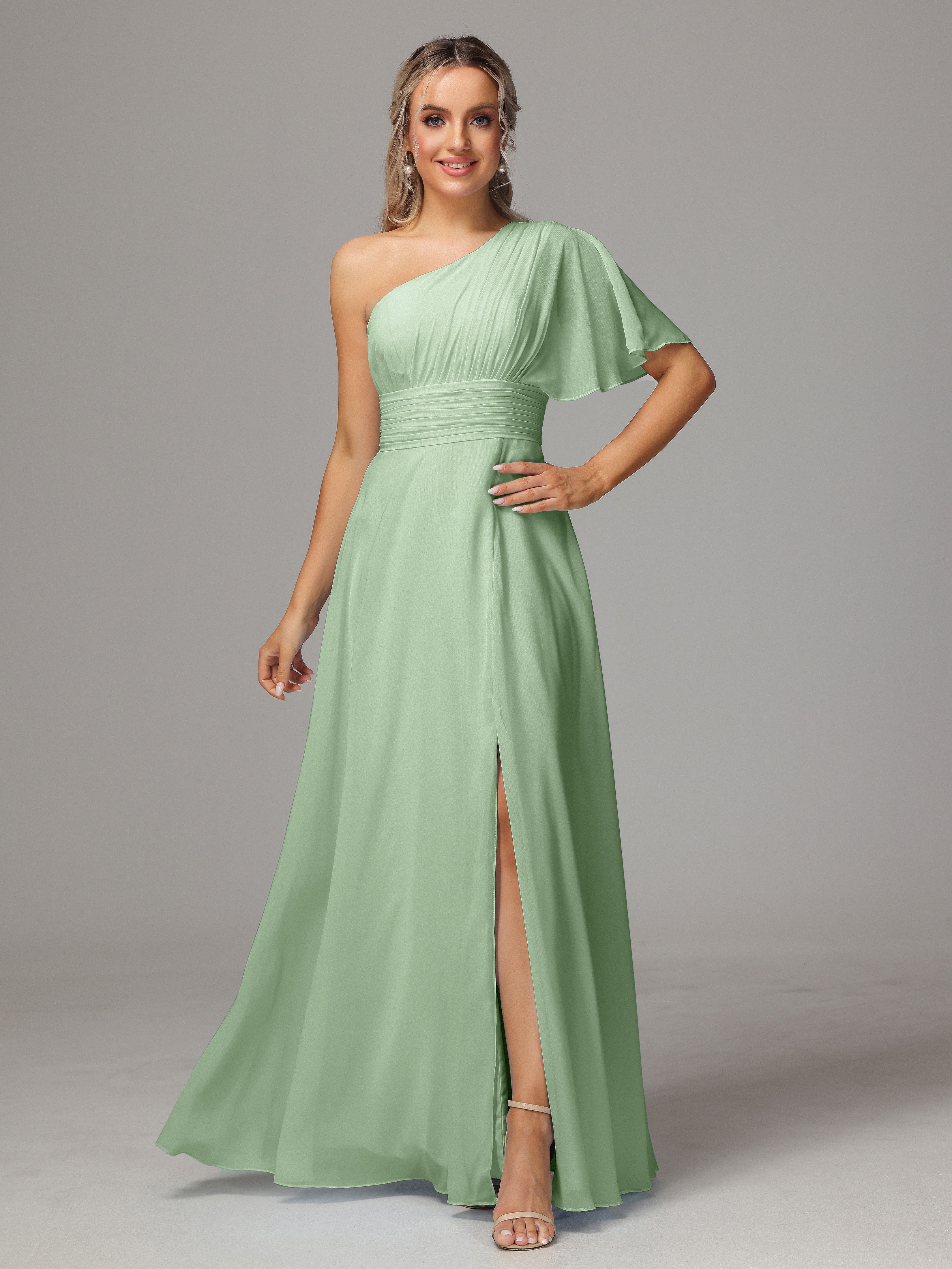 Robe Demoiselle D Honneur Sauge Poudré Fendue Seule Épaule Mousseline Robe Demoiselle D'Honneur