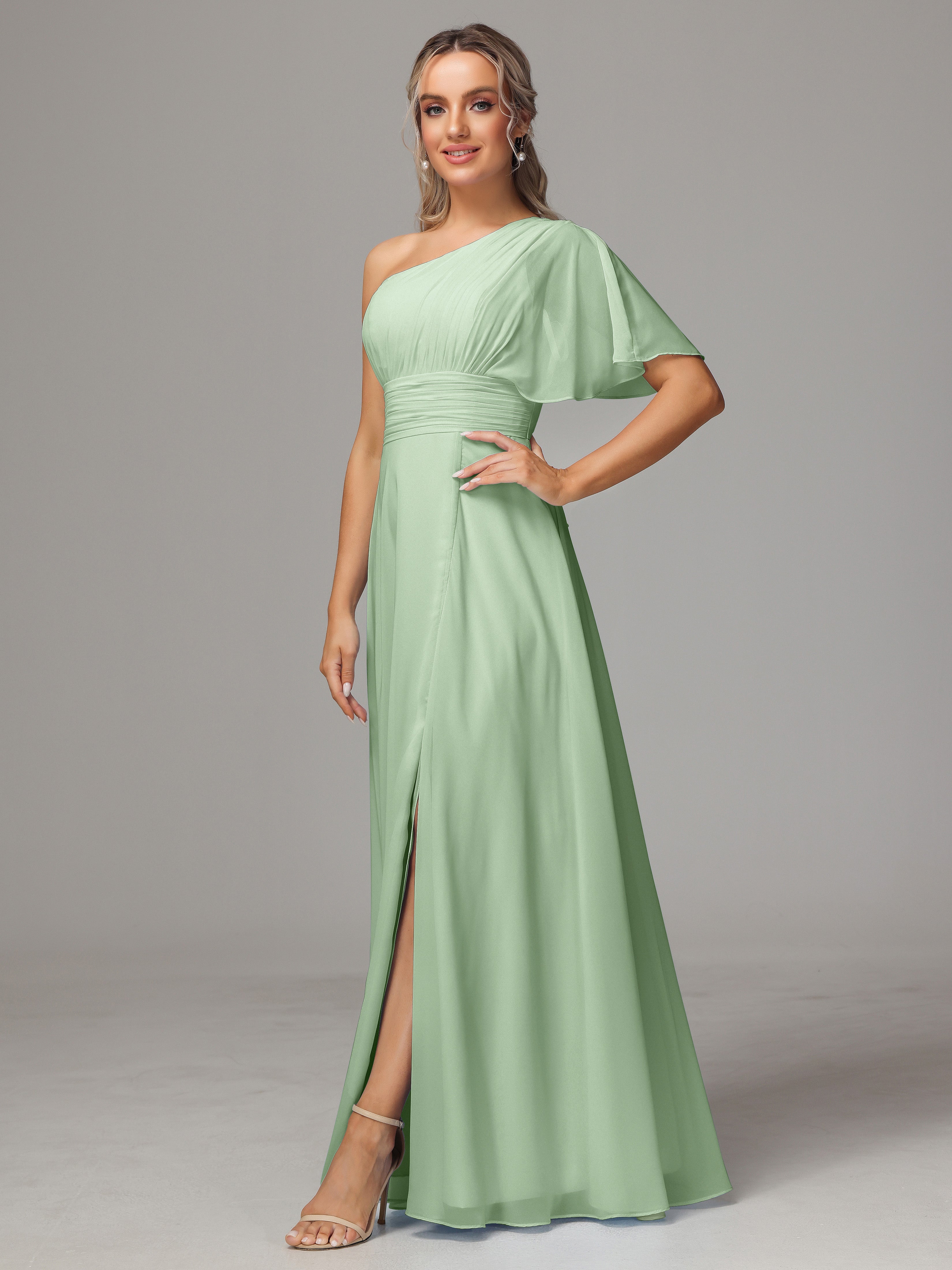 Robe Demoiselle D Honneur Sauge Poudré Fendue Seule Épaule Mousseline Robe Demoiselle D'Honneur