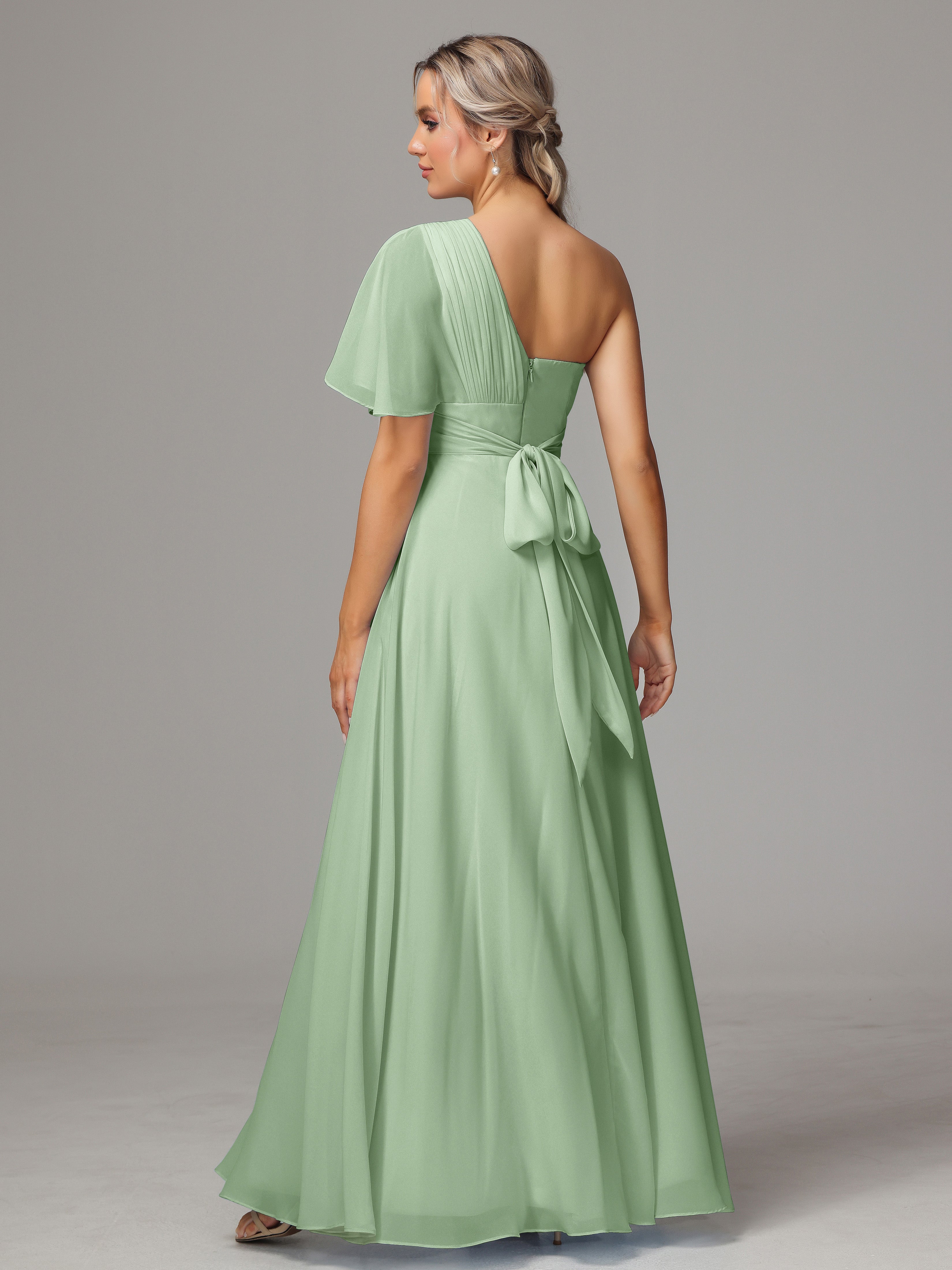 Robe Demoiselle D Honneur Sauge Poudré Fendue Seule Épaule Mousseline Robe Demoiselle D'Honneur