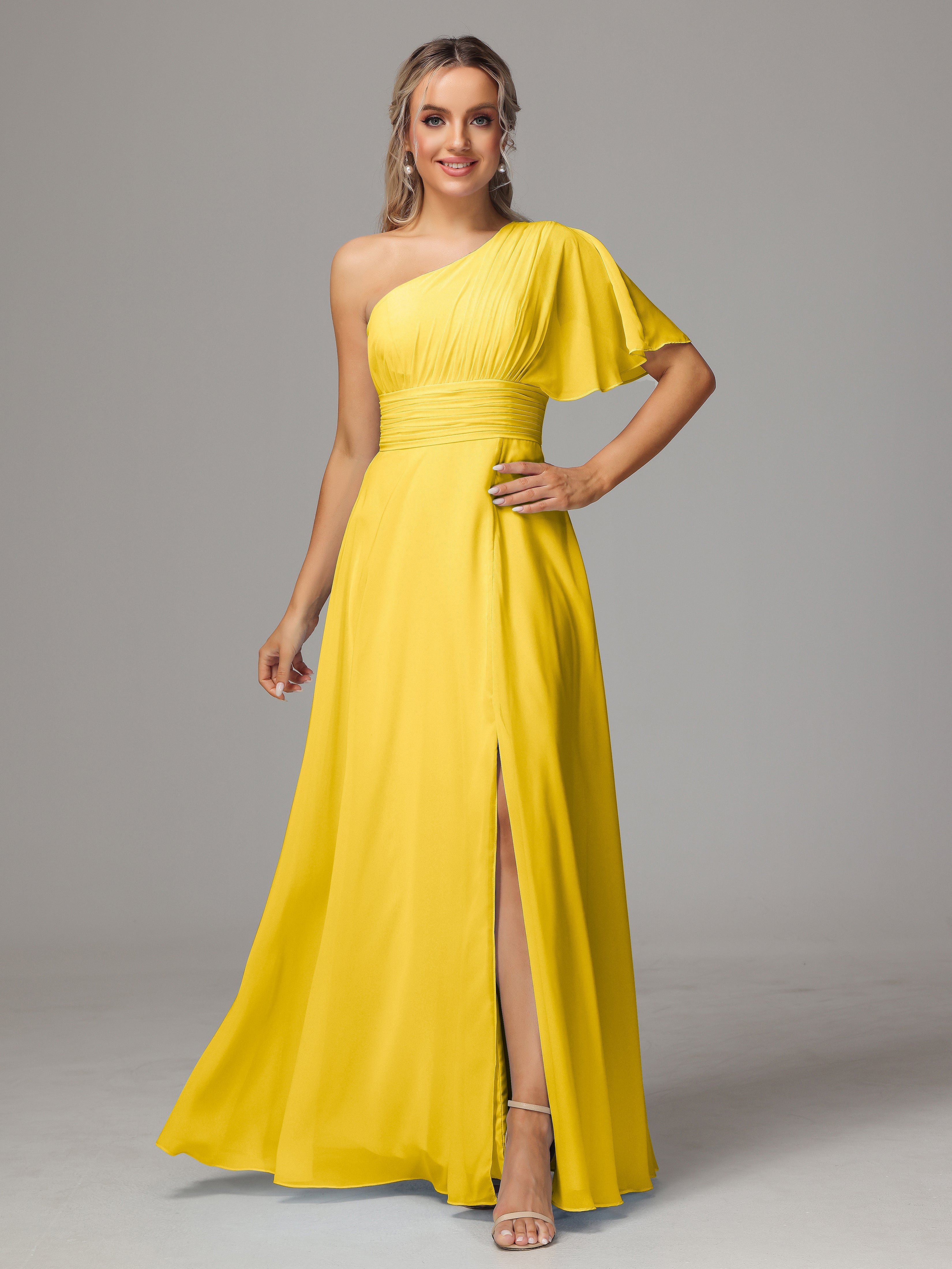 Robe De Demoiselle D'Honneur Souci Fendue Seule Épaule Mousseline Robe Demoiselle D'Honneur