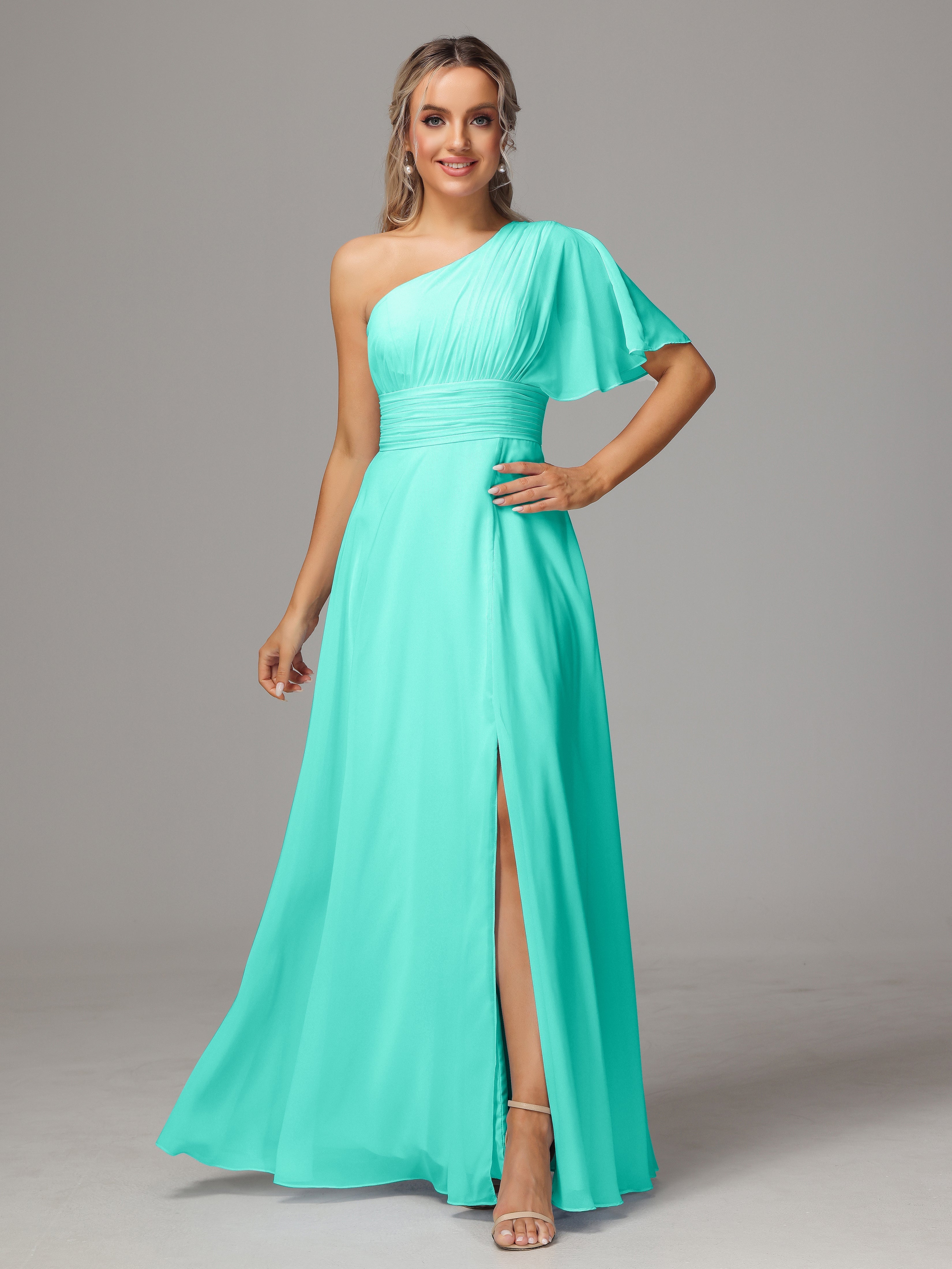 Robes De Demoiselle D'Honneur Spa Fendue Seule Épaule Mousseline Robe Demoiselle D'Honneur