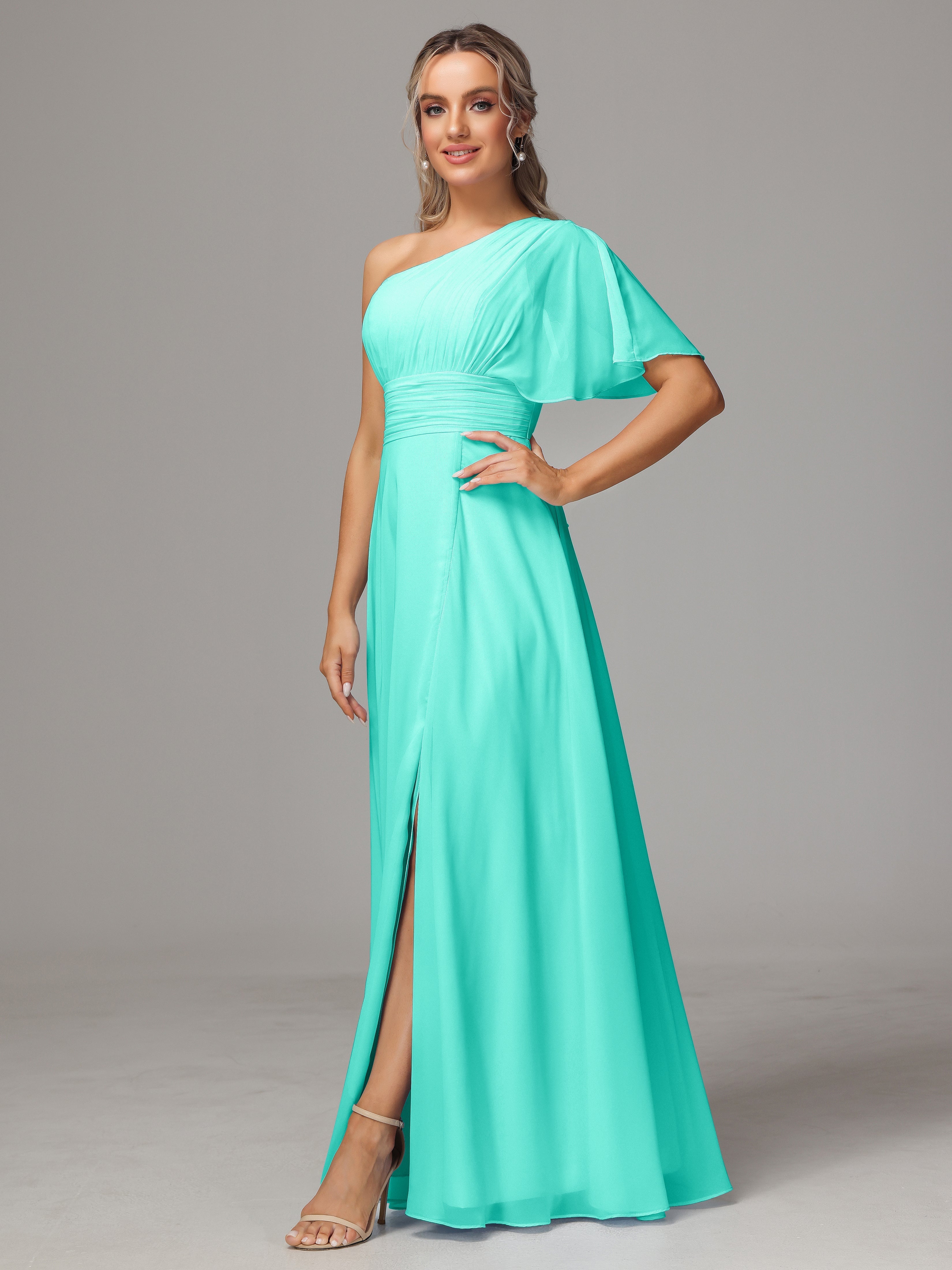 Robes De Demoiselle D'Honneur Spa Fendue Seule Épaule Mousseline Robe Demoiselle D'Honneur