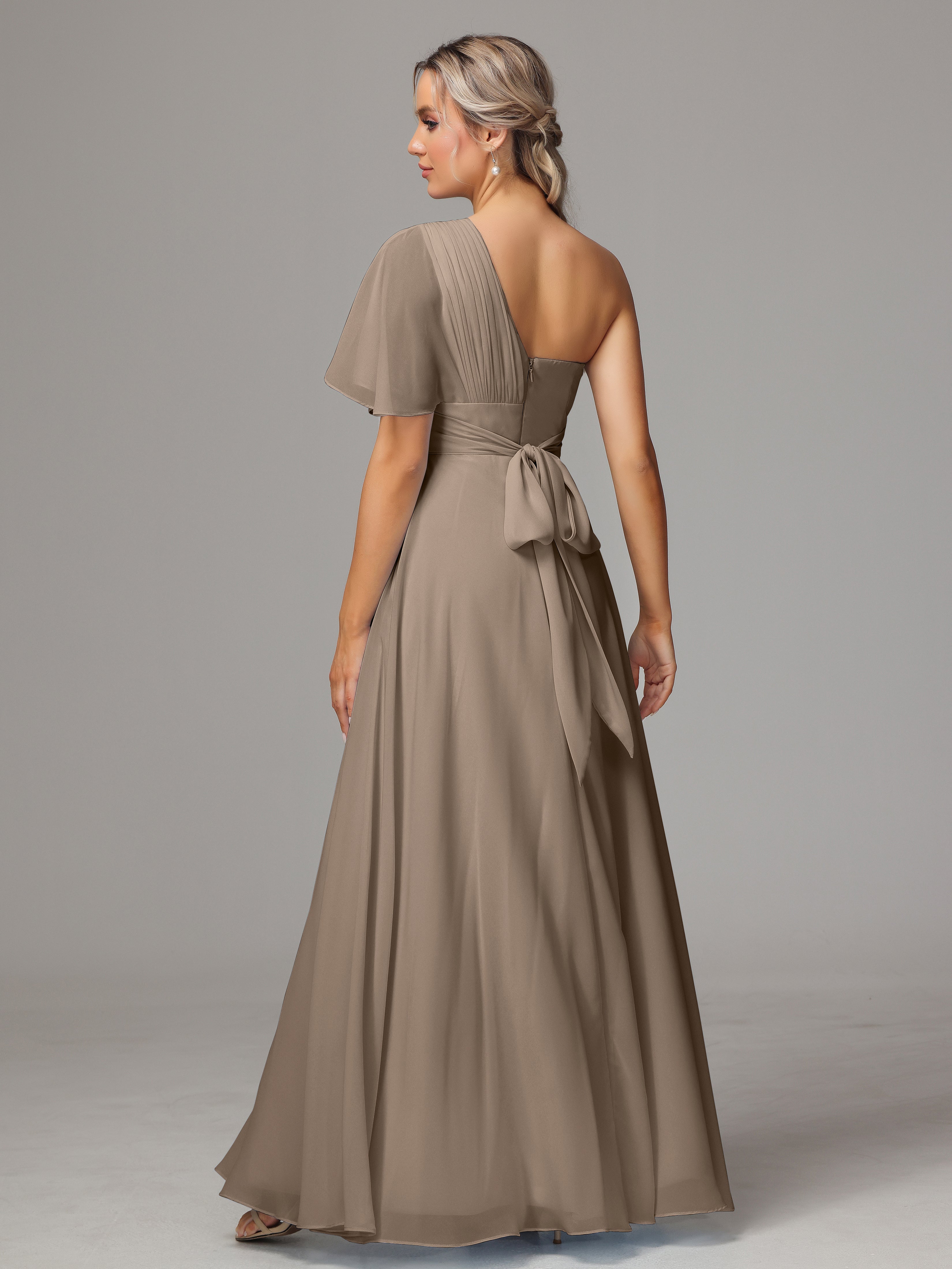 Couleur Taupe Robe Fendue Seule Épaule Mousseline Robe Demoiselle D'Honneur
