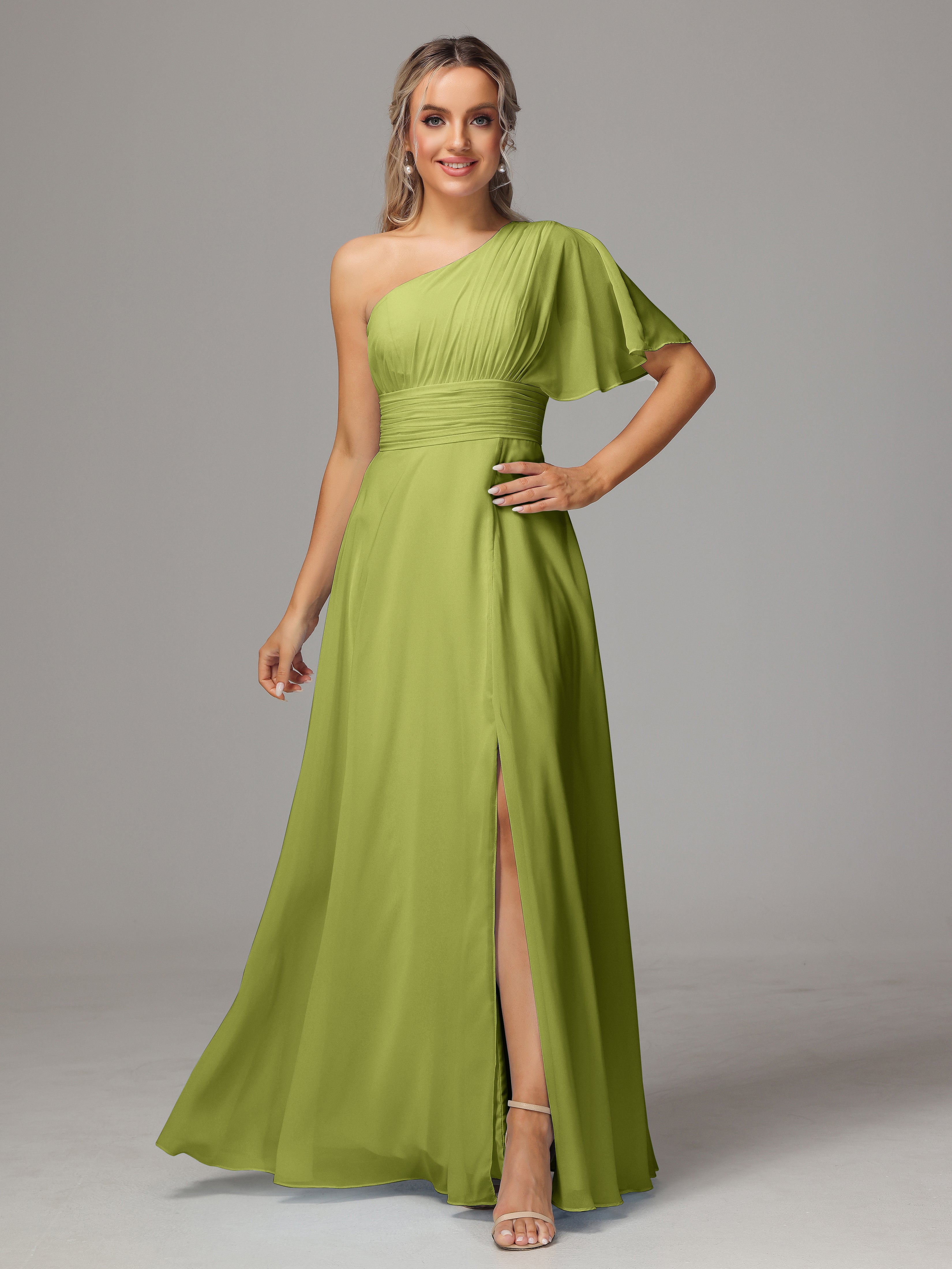 Robes De Demoiselle D'Honneur Trèfle Fendue Seule Épaule Mousseline Robe Demoiselle D'Honneur
