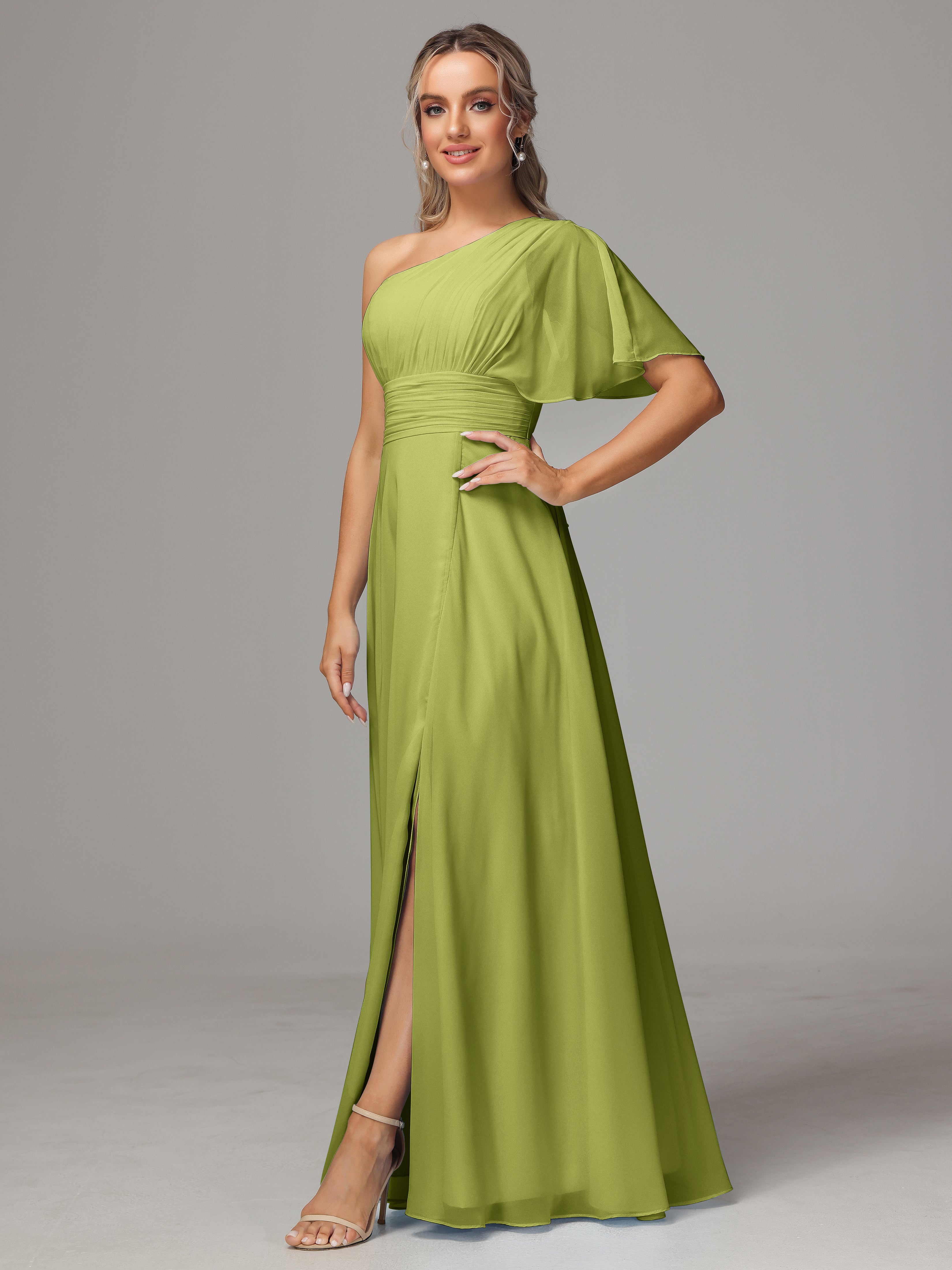 Robes De Demoiselle D'Honneur Trèfle Fendue Seule Épaule Mousseline Robe Demoiselle D'Honneur