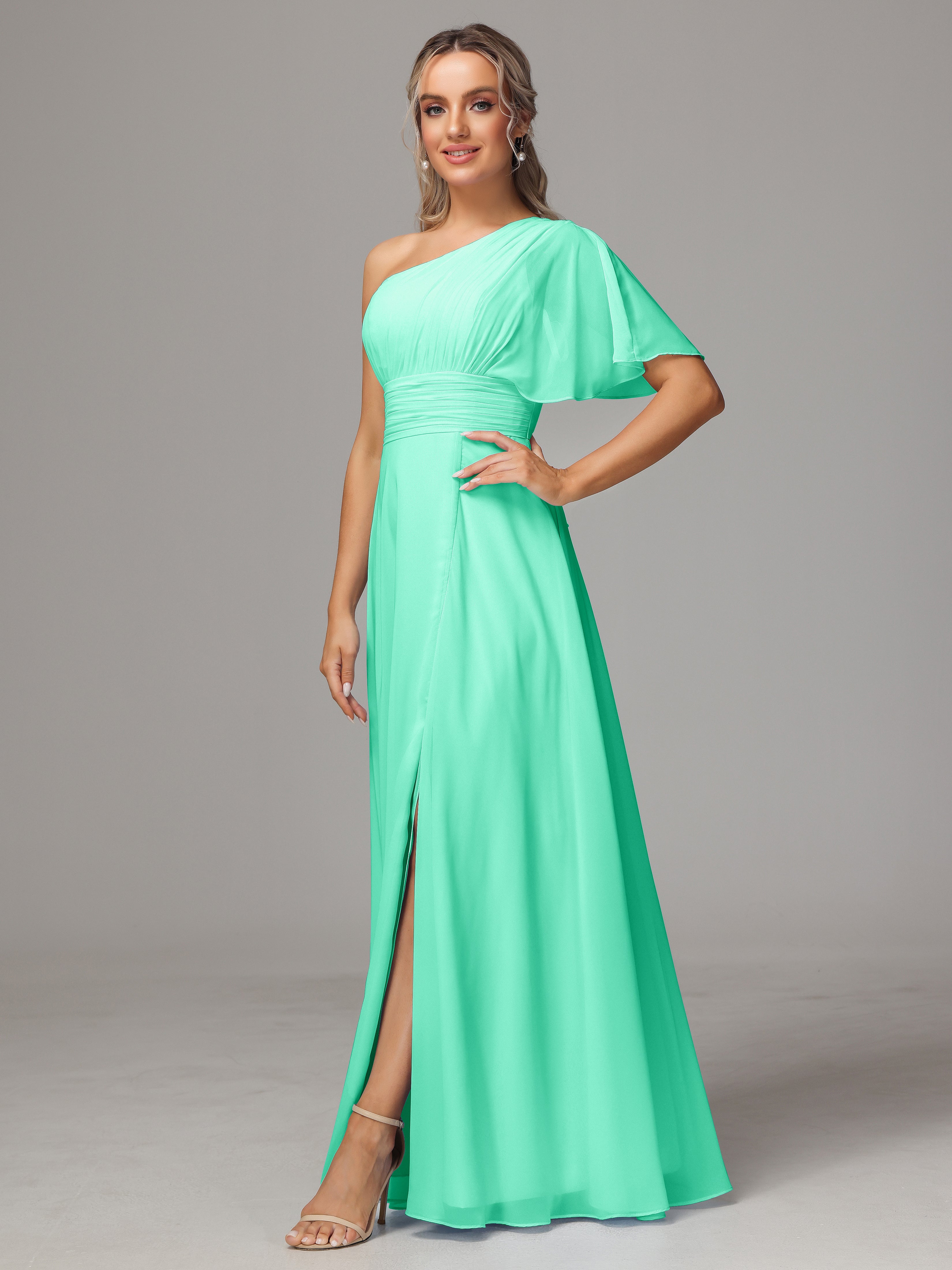 Robes De Demoiselle D'Honneur Turquoise Fendue Seule Épaule Mousseline Robe Demoiselle D'Honneur