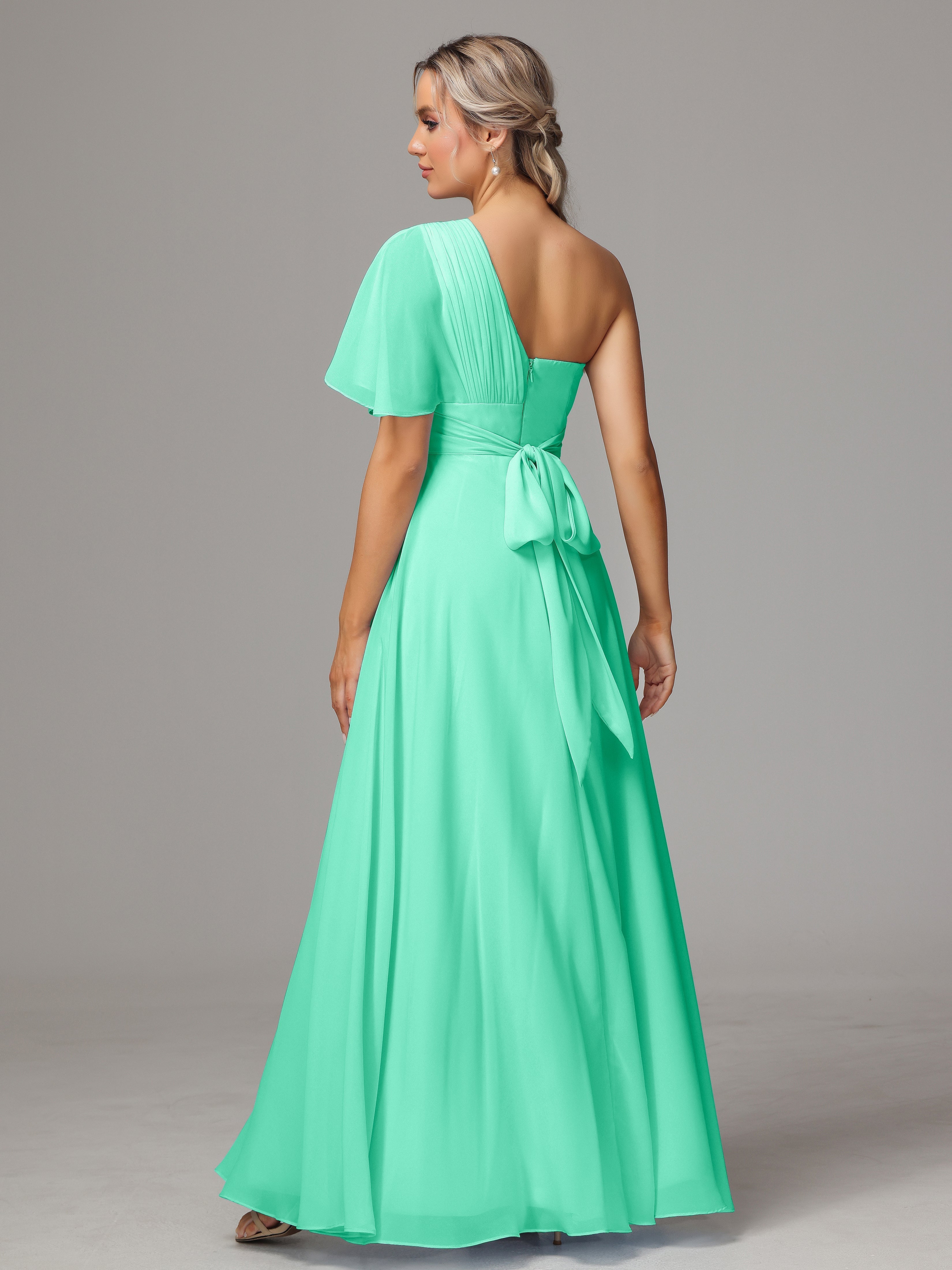Robes De Demoiselle D'Honneur Turquoise Fendue Seule Épaule Mousseline Robe Demoiselle D'Honneur