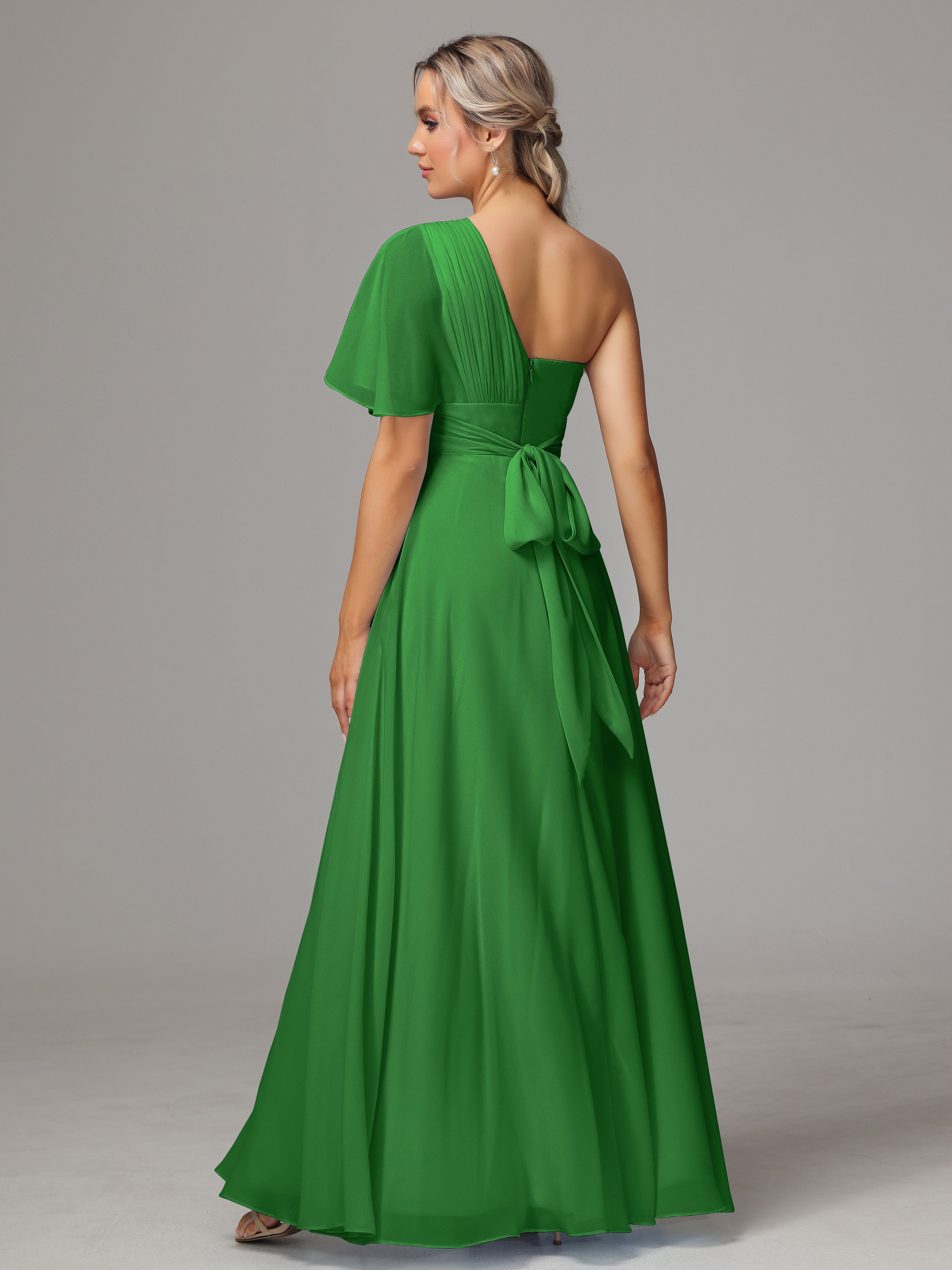 Robe Demoiselle Dhonneur Vert Fendue Seule Épaule Mousseline Robe Demoiselle D'Honneur