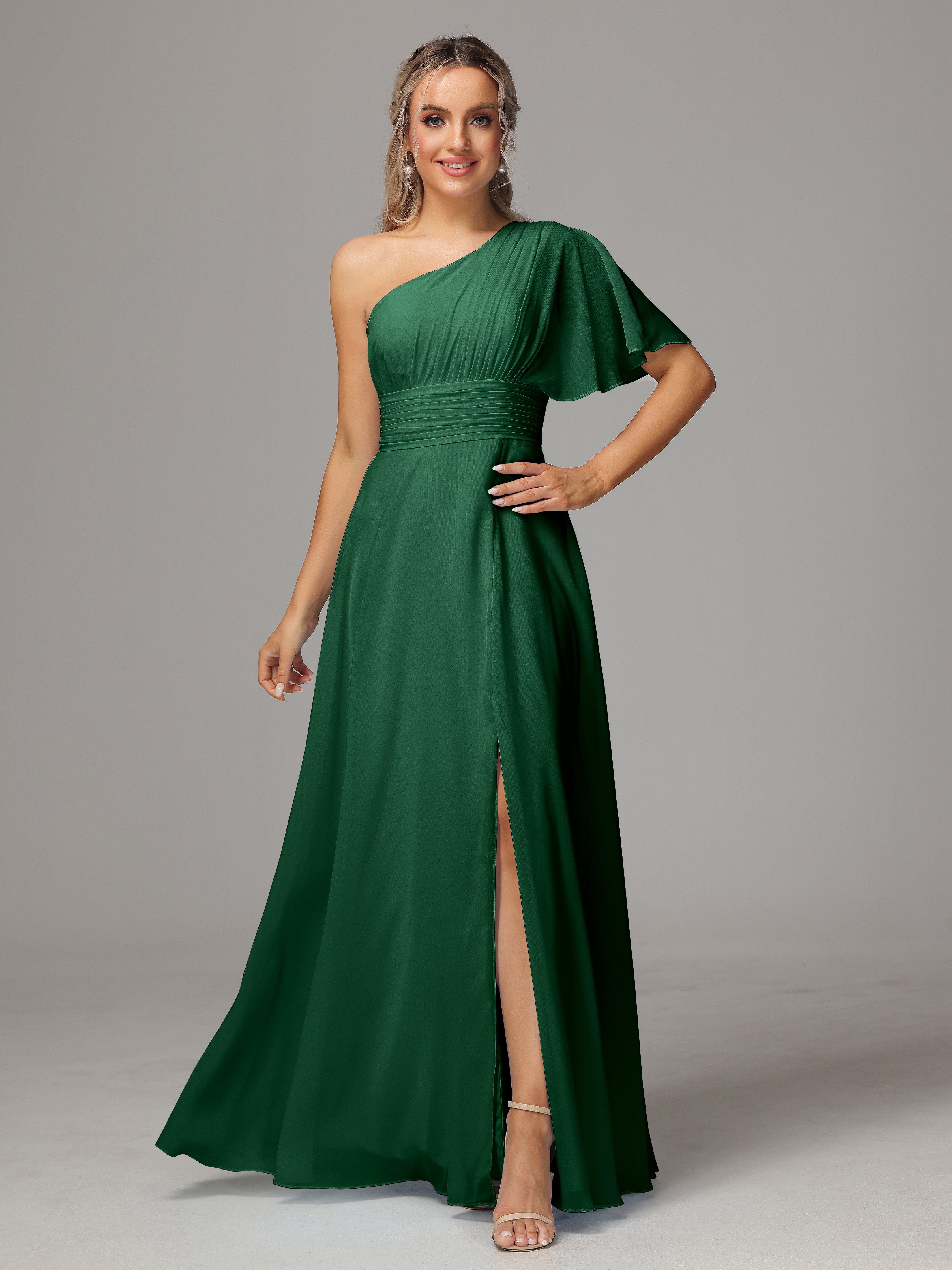 Robe Demoiselle D Honneur Vert Foncé Fendue Seule Épaule Mousseline Robe Demoiselle D'Honneur
