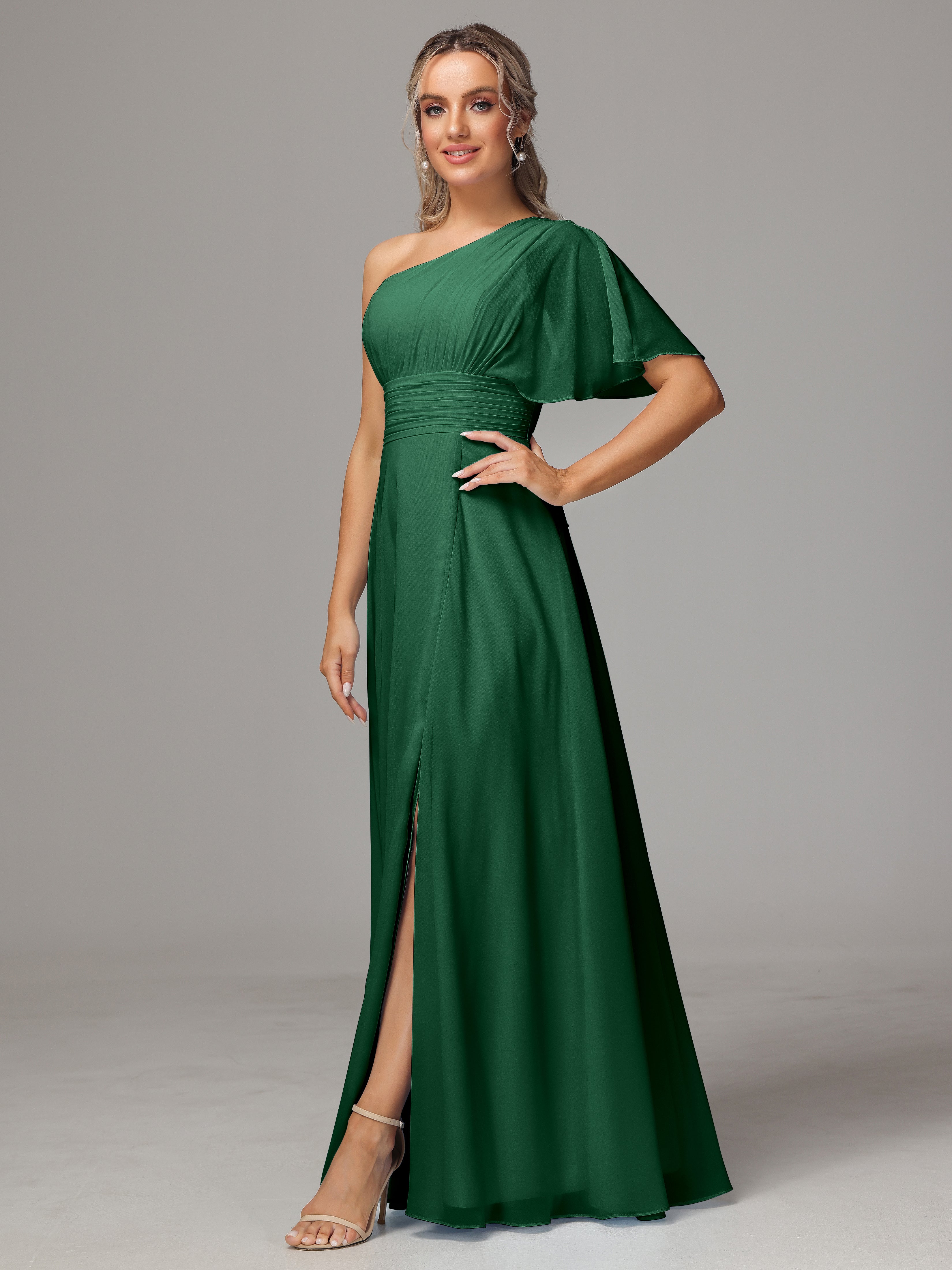 Robe Demoiselle D Honneur Vert Foncé Fendue Seule Épaule Mousseline Robe Demoiselle D'Honneur