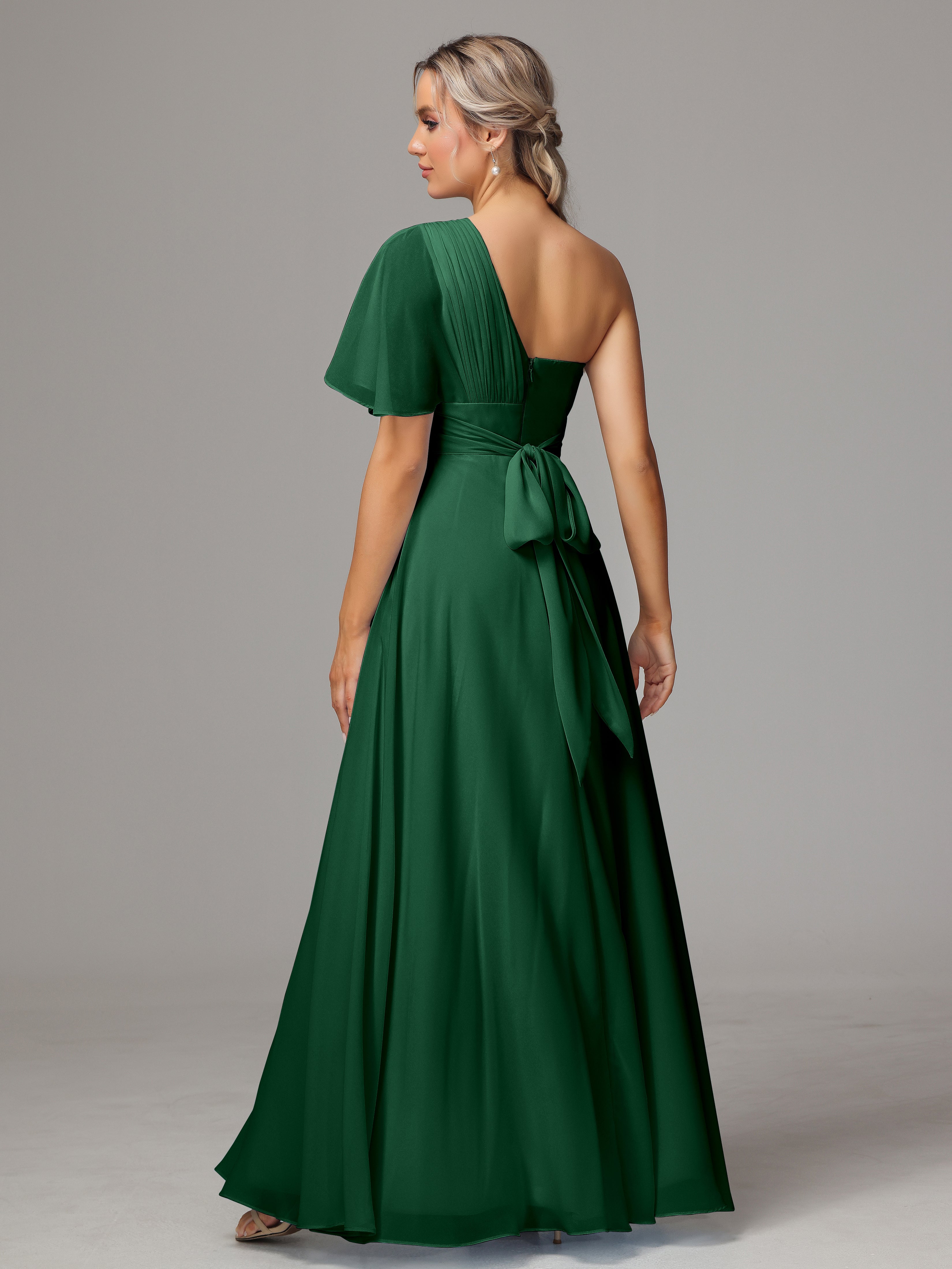 Robe Demoiselle D Honneur Vert Foncé Fendue Seule Épaule Mousseline Robe Demoiselle D'Honneur