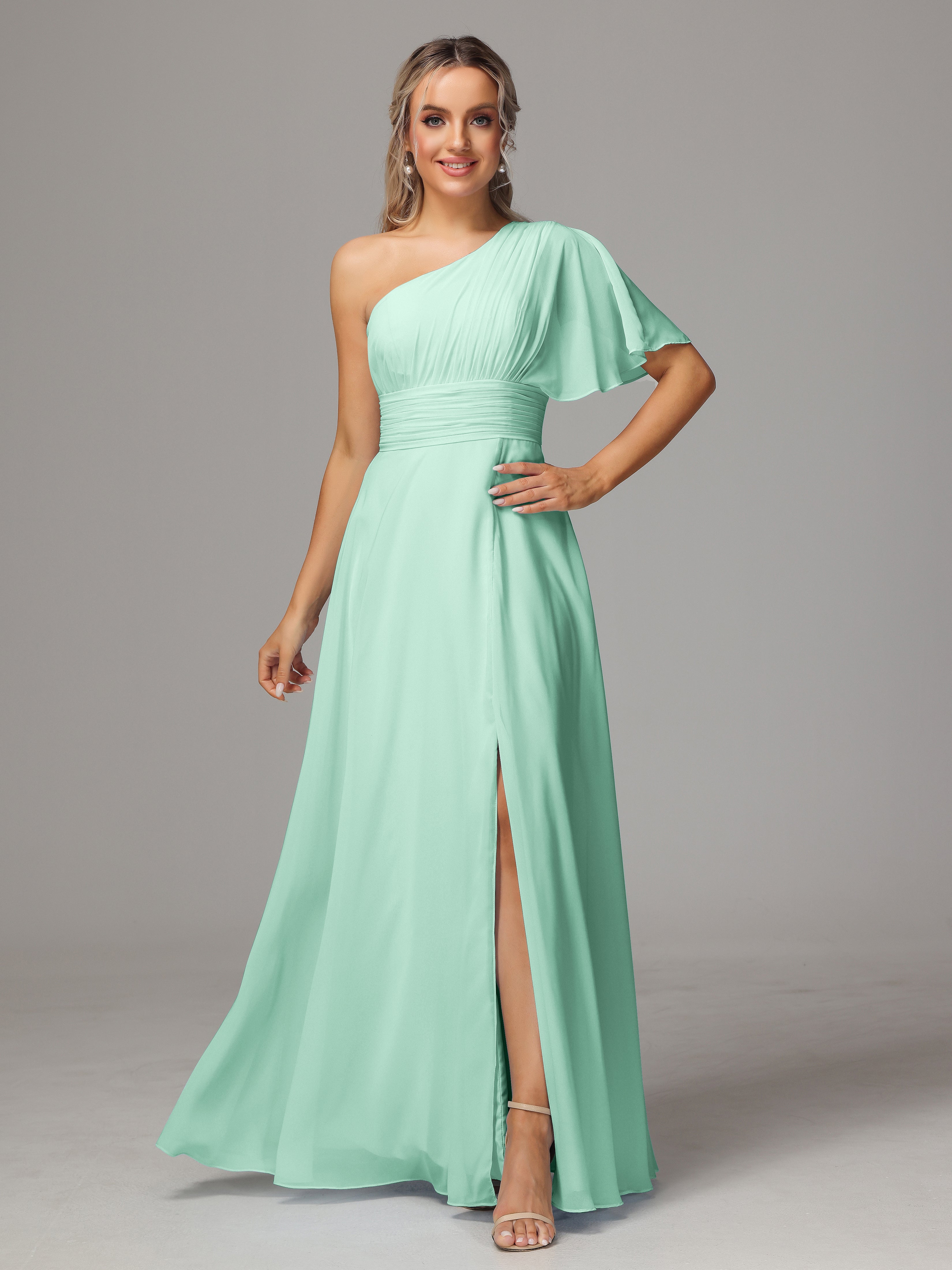 Robe Demoiselle D Honneur Menthe Fendue Seule Épaule Mousseline Robe Demoiselle D'Honneur
