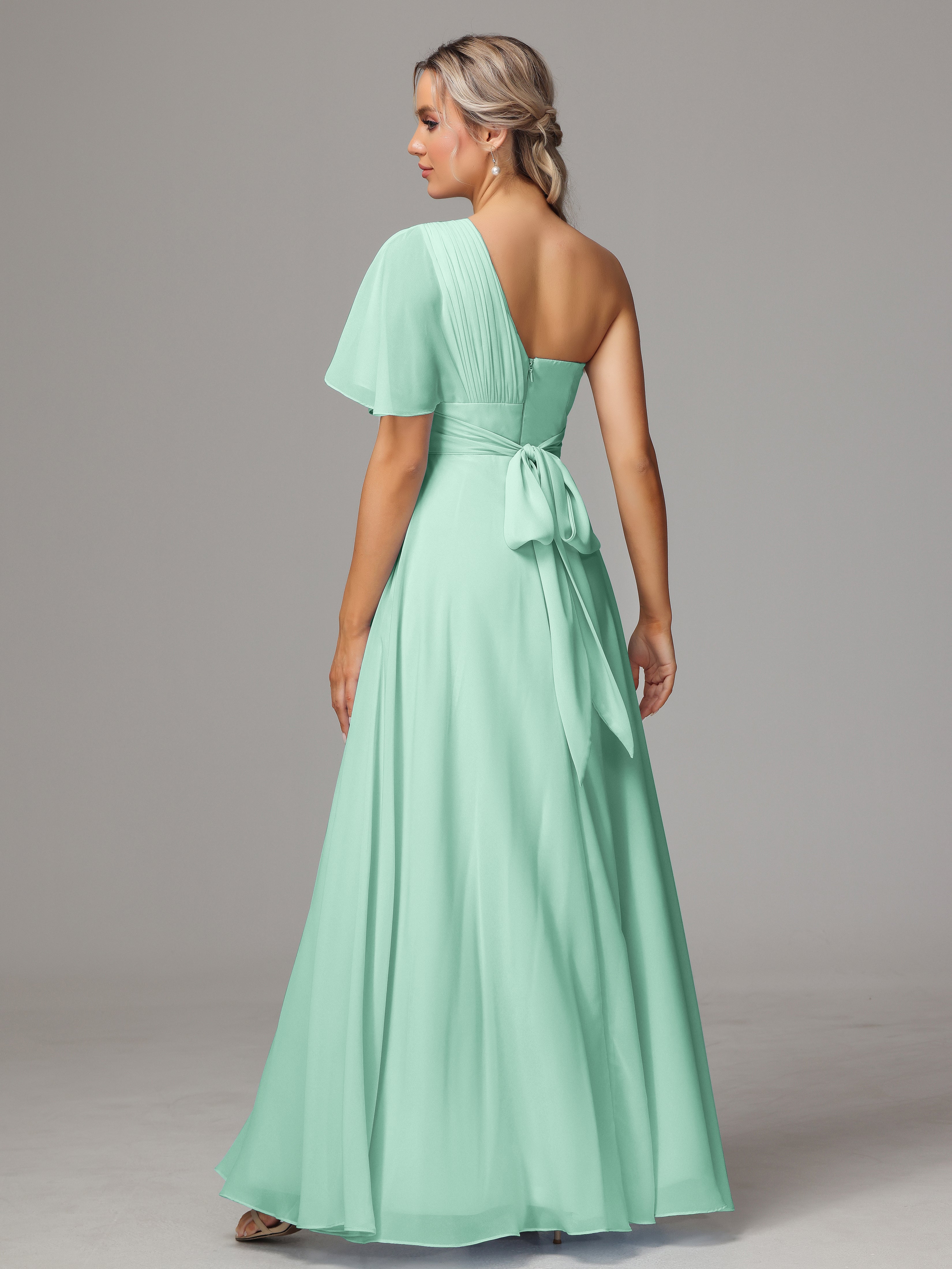 Robe Demoiselle D Honneur Menthe Fendue Seule Épaule Mousseline Robe Demoiselle D'Honneur