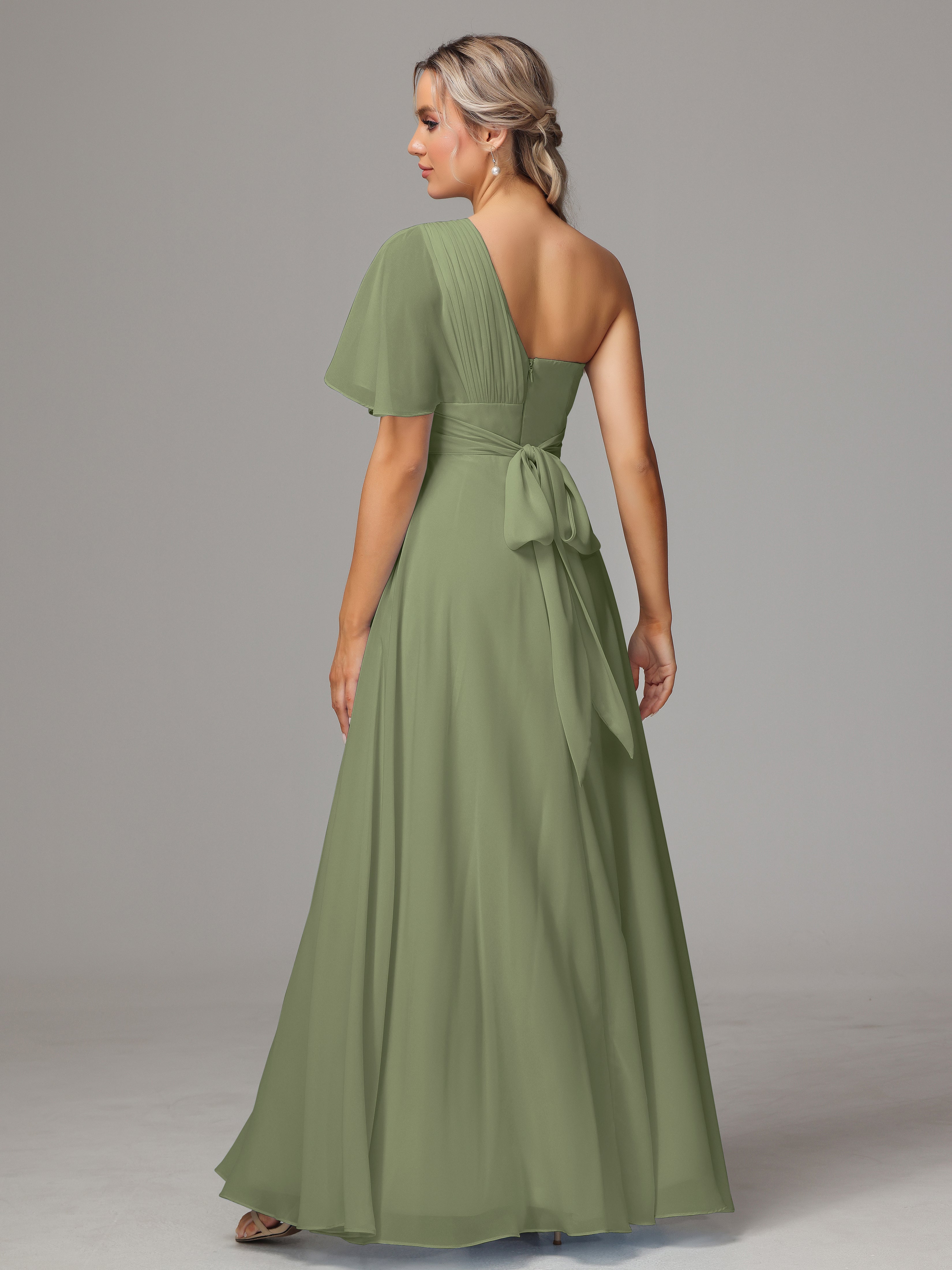Robe Demoiselle D Honneur Olive Seule Épaule Mousseline Robe Demoiselle D'Honneur