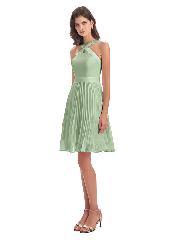 Robe Demoiselle D Honneur Sauge Poudrée Longueur Genou Plis Bretelles Robes Demoiselle D'Honneur