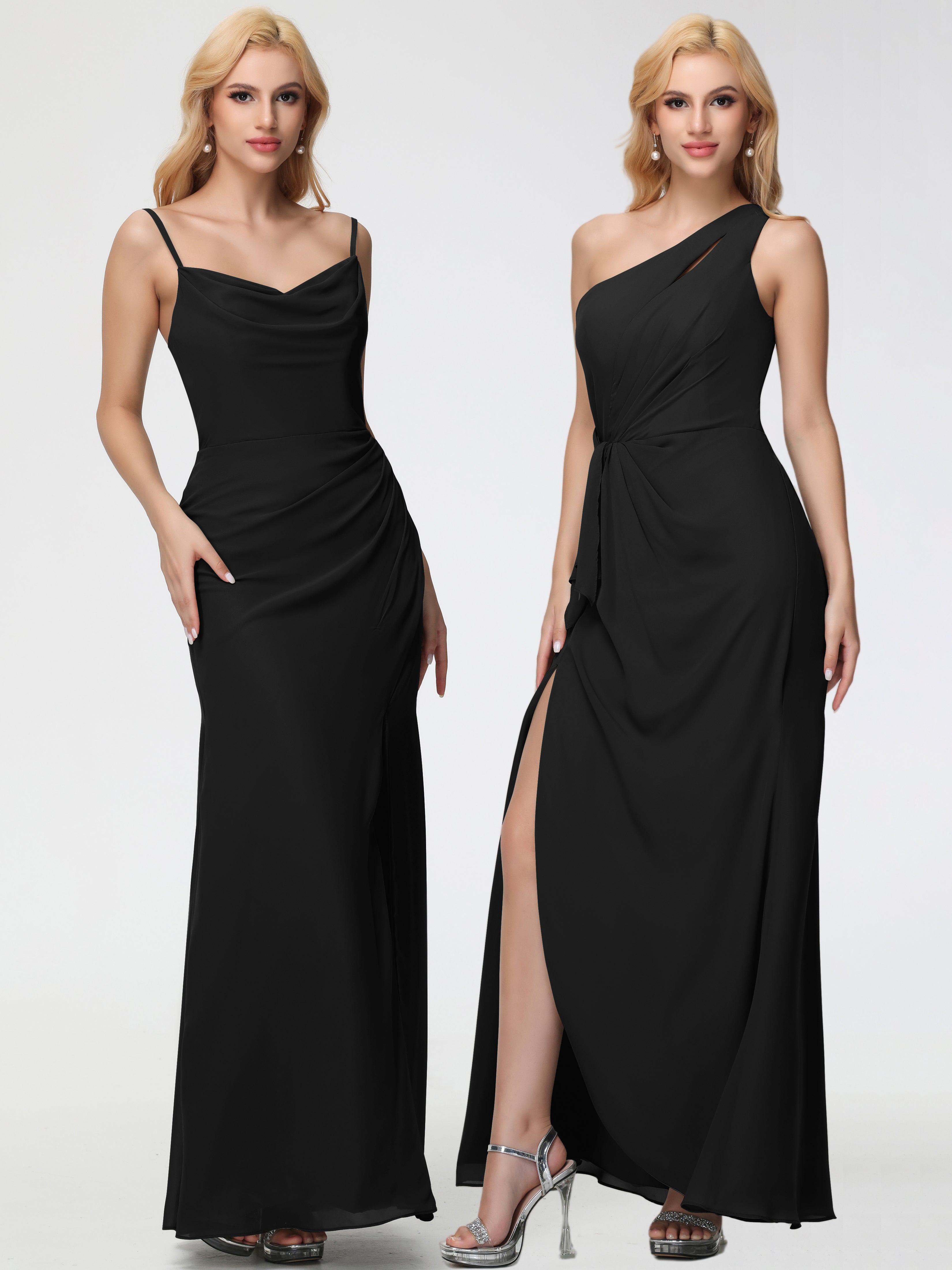Robes de Demoiselle D'honneur Noires Col bénitier Fendue Fourreau/Colonne Mousseline Robe Demoiselle d'Honneur
