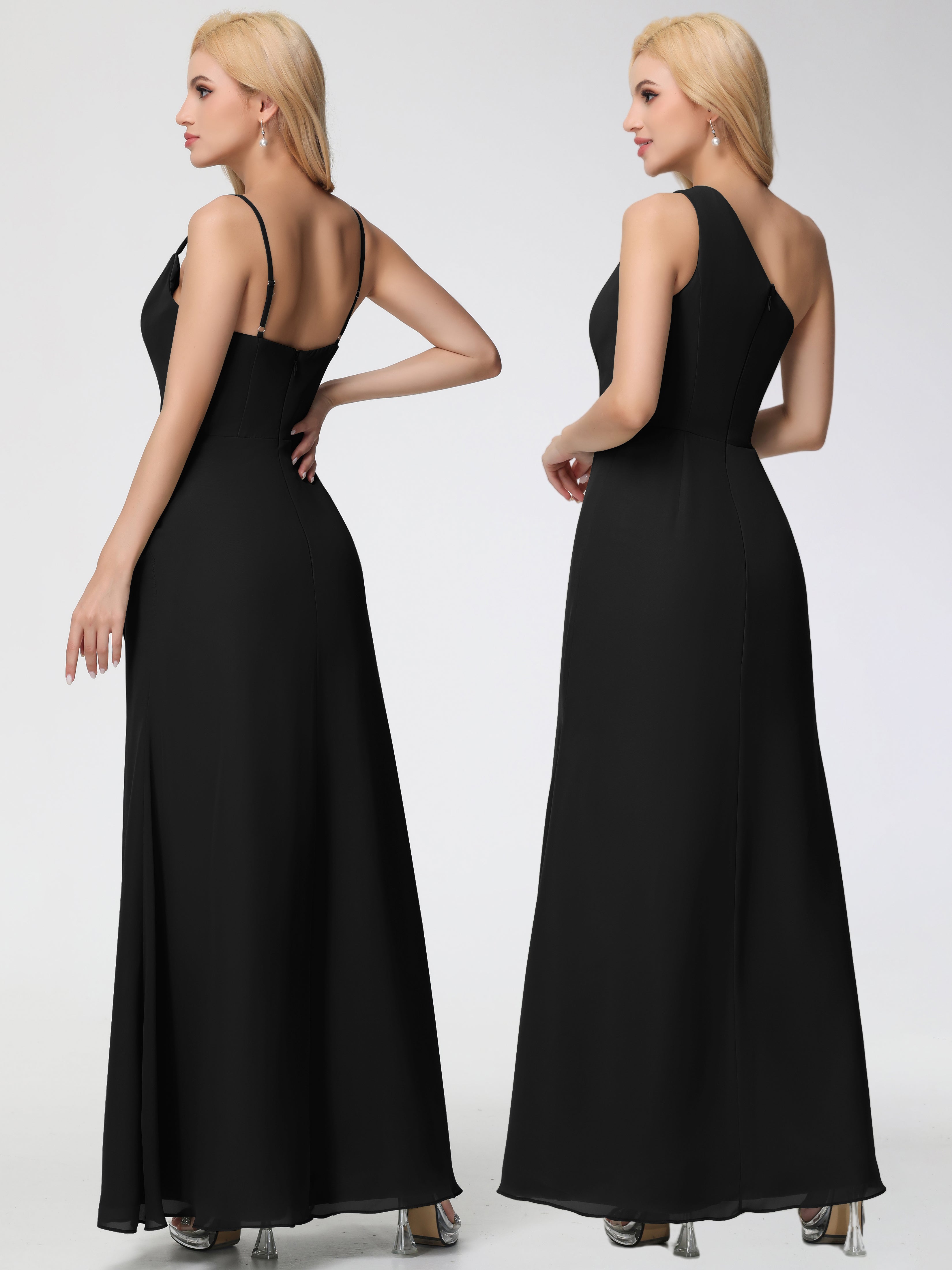 Robes de Demoiselle D'honneur Noires Col bénitier Fendue Fourreau/Colonne Mousseline Robe Demoiselle d'Honneur