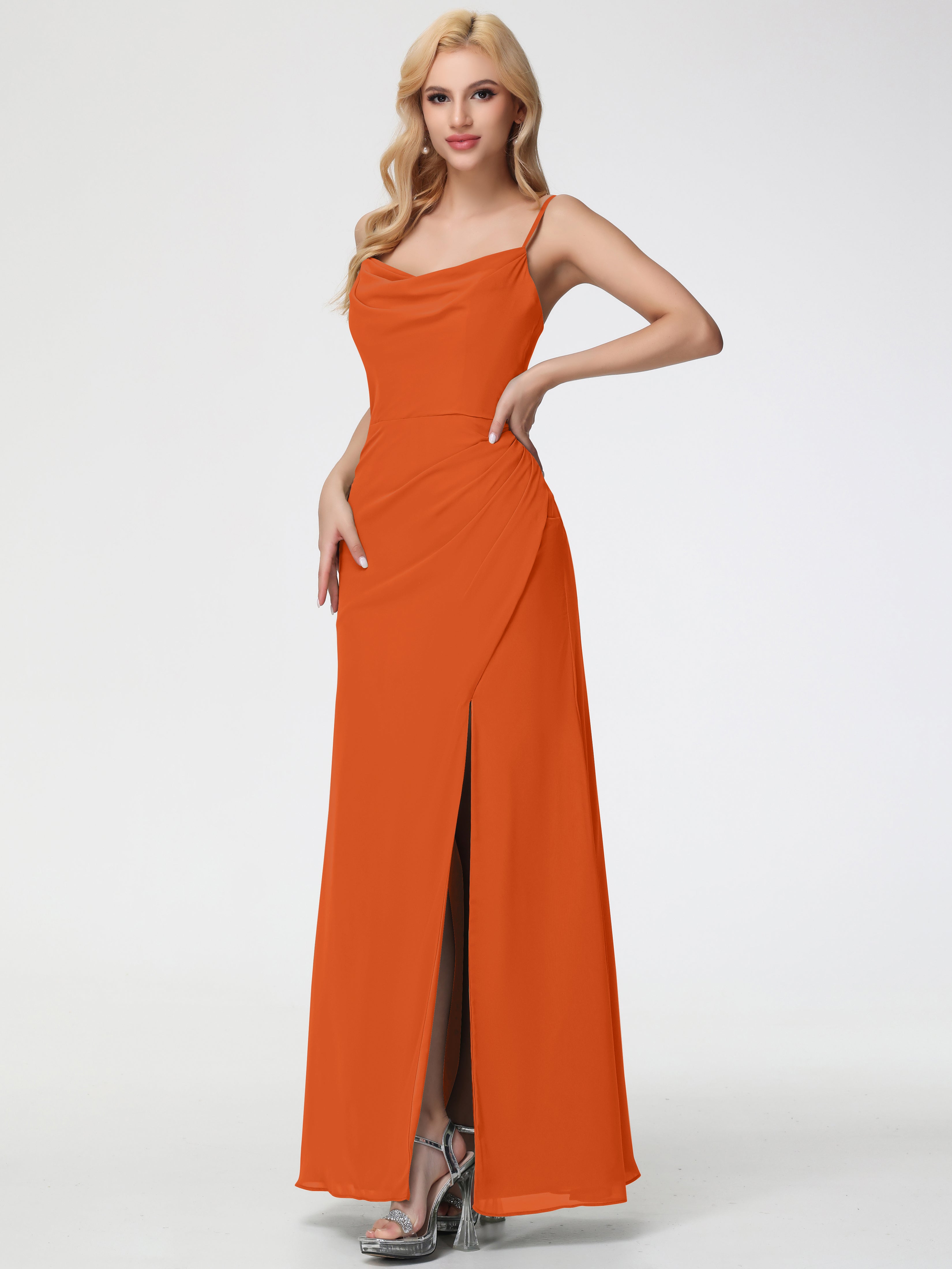 Robe Demoiselle D Honneur Orange Brulé Col bénitier Fendue Fourreau/Colonne Mousseline Robe Demoiselle d'Honneur