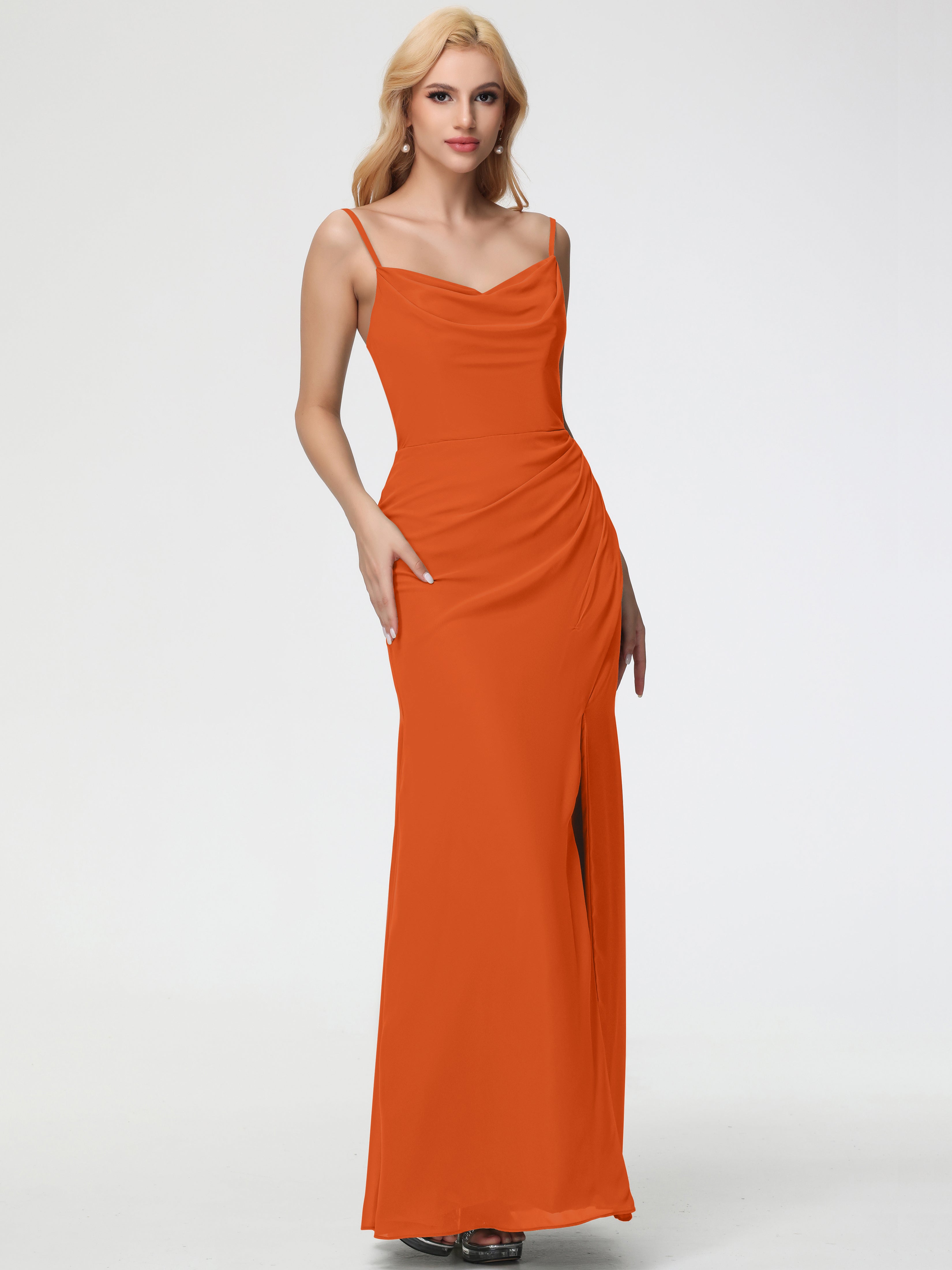 Robe Demoiselle D Honneur Orange Brulé Col bénitier Fendue Fourreau/Colonne Mousseline Robe Demoiselle d'Honneur