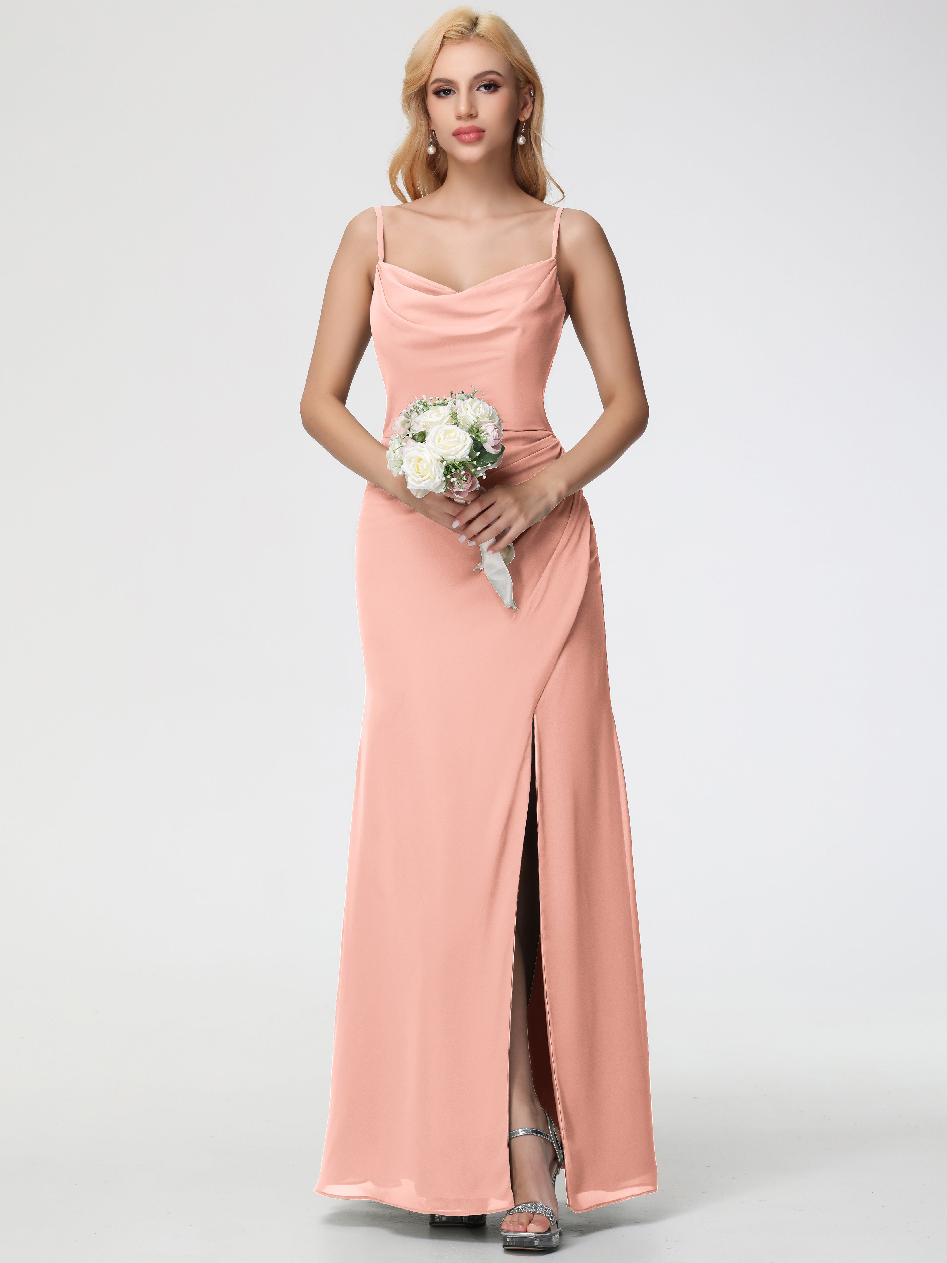 Robe Demoiselle D Honneur Corail Col bénitier Fendue Fourreau/Colonne Mousseline Robe Demoiselle d'Honneur