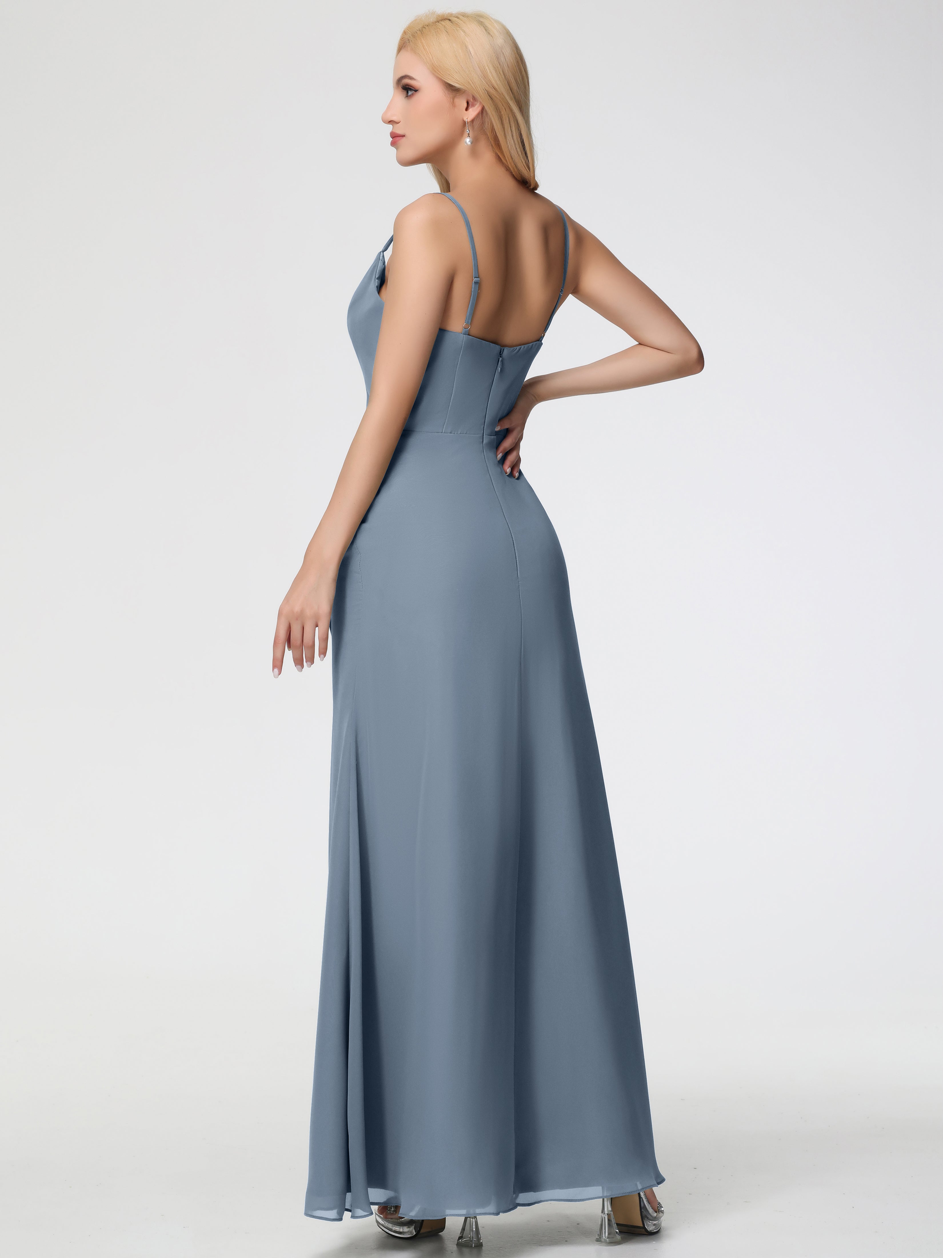 Robe Demoiselle D Honneur Bleu Poussiereux Col bénitier Fendue Fourreau/Colonne Mousseline Robe Demoiselle d'Honneur