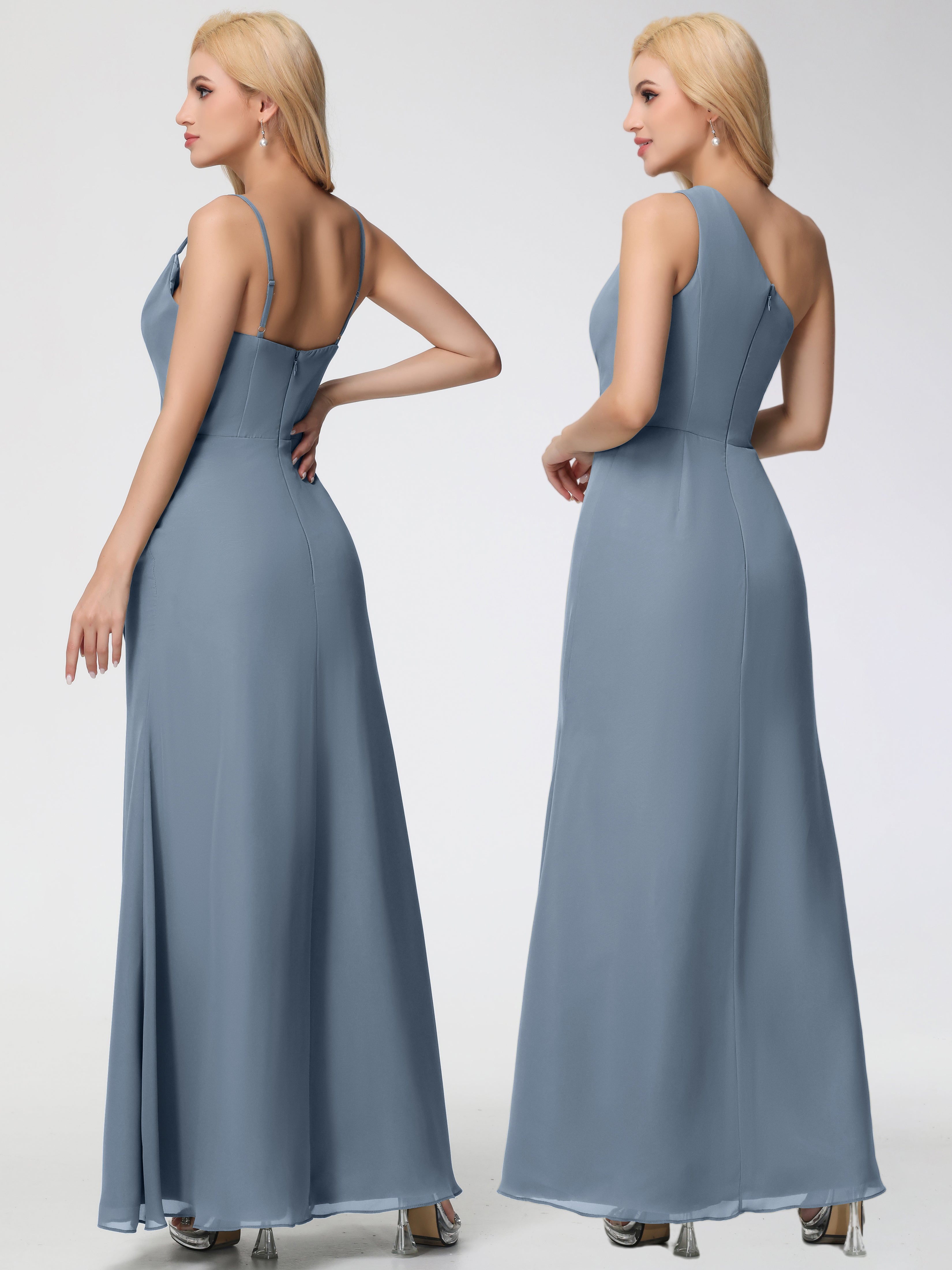 Robe Demoiselle D Honneur Bleu Poussiereux Col bénitier Fendue Fourreau/Colonne Mousseline Robe Demoiselle d'Honneur