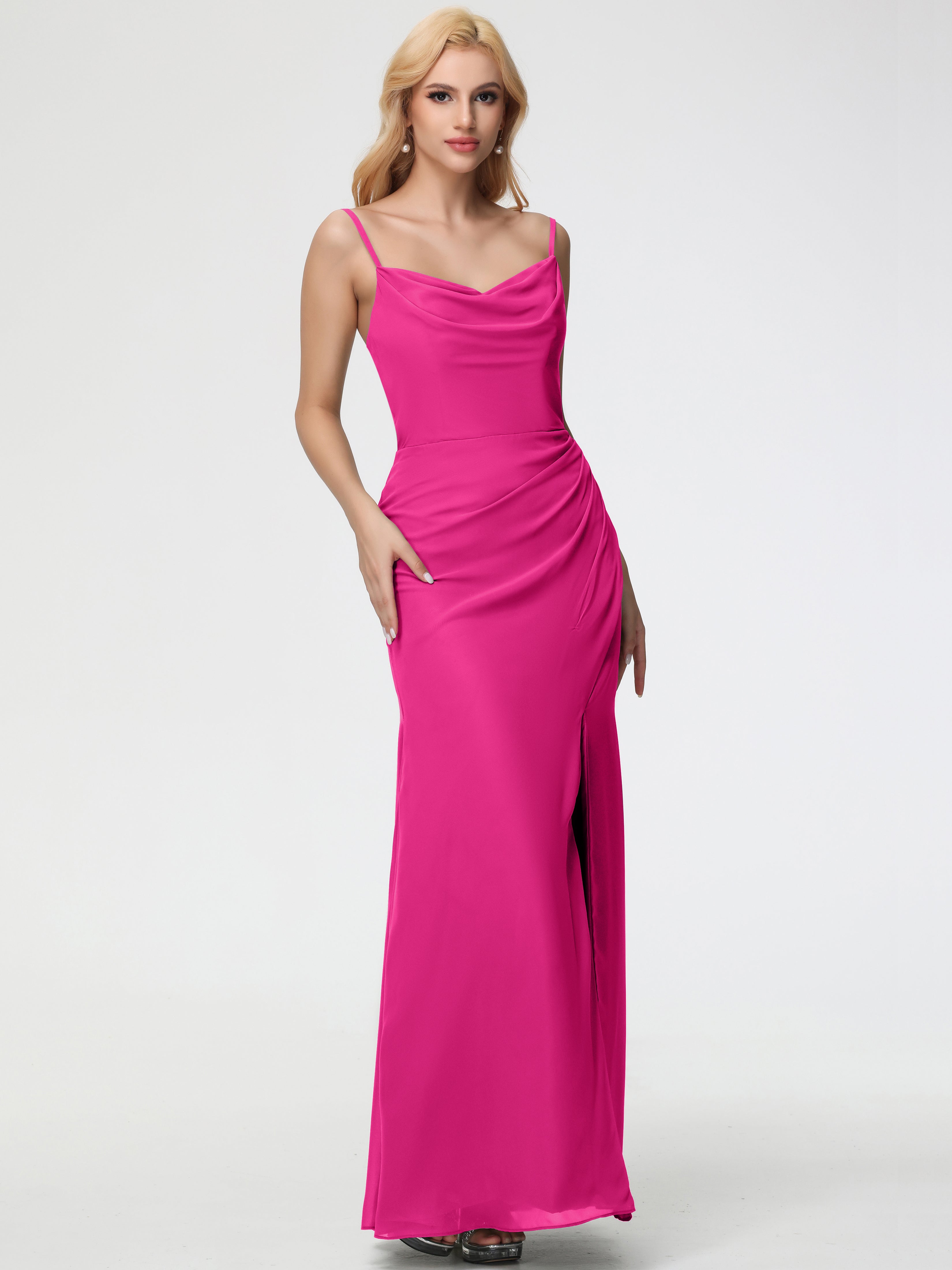 Robe Demoiselle D Honneur Fuchsia Col bénitier Fendue Fourreau/Colonne Mousseline Robe Demoiselle d'Honneur