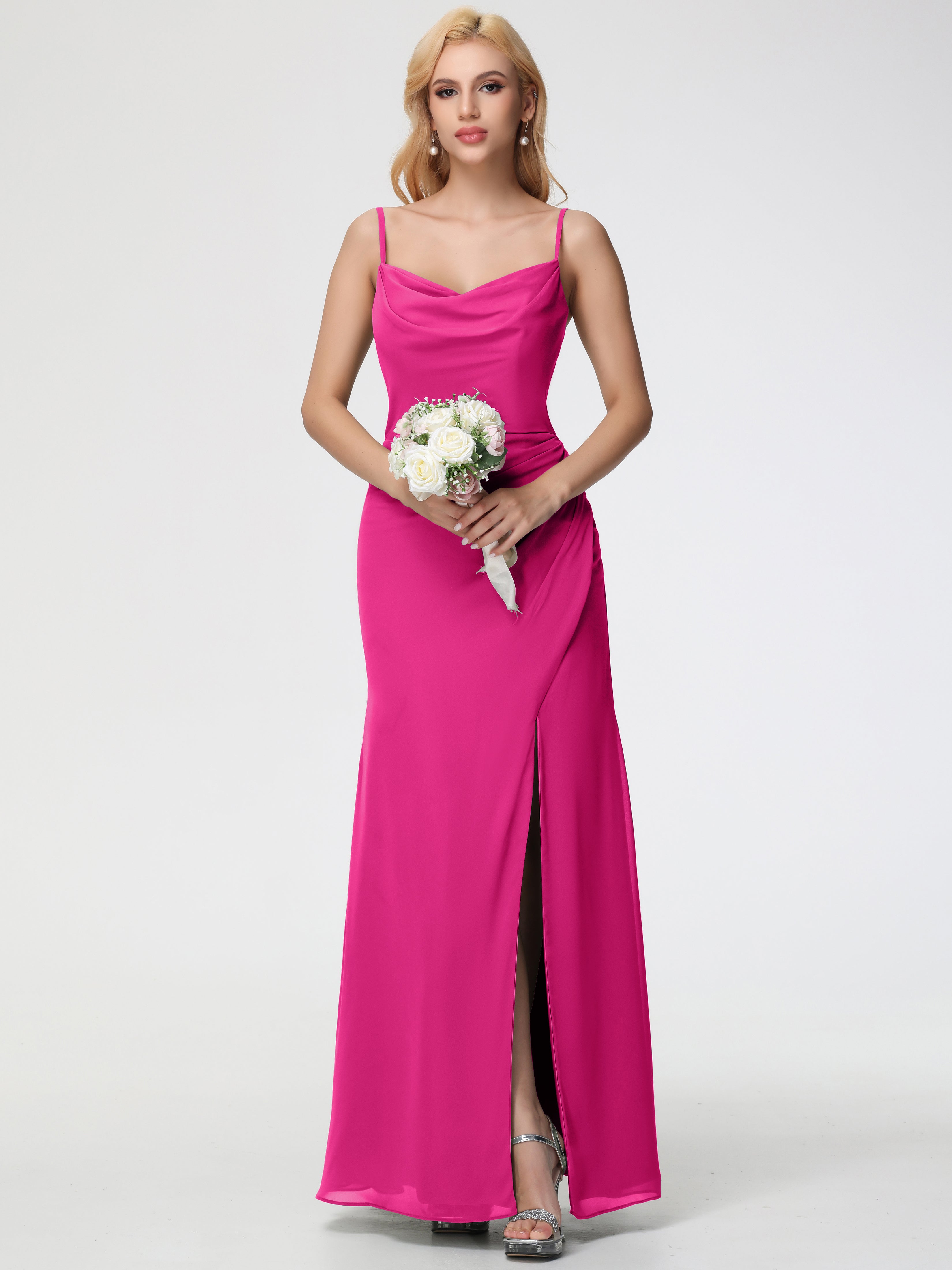 Robe Demoiselle D Honneur Fuchsia Col bénitier Fendue Fourreau/Colonne Mousseline Robe Demoiselle d'Honneur