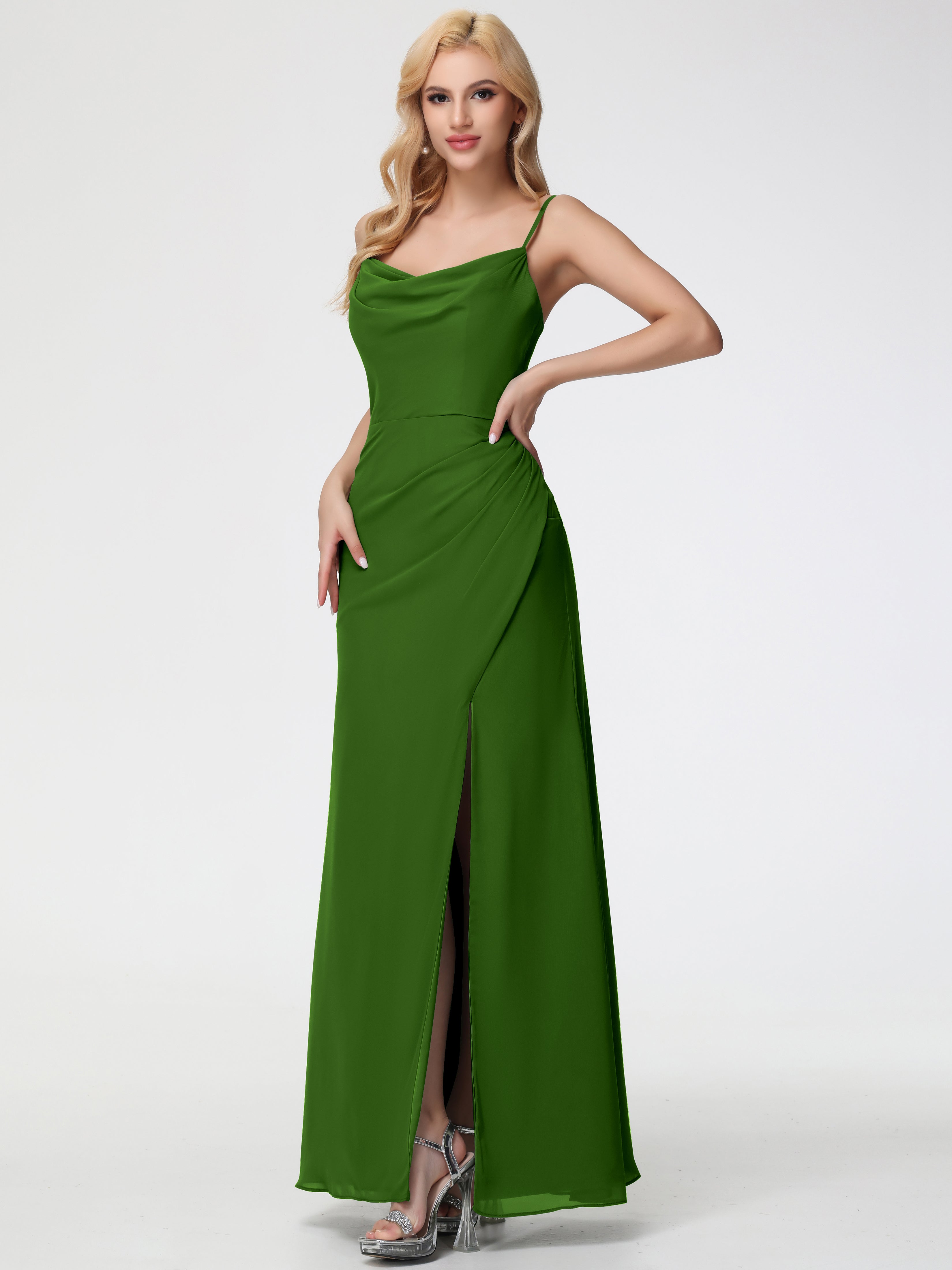 Robes De Demoiselle D'honneur Vert Mousse Col bénitier Fendue Fourreau/Colonne Mousseline Robe Demoiselle d'Honneur