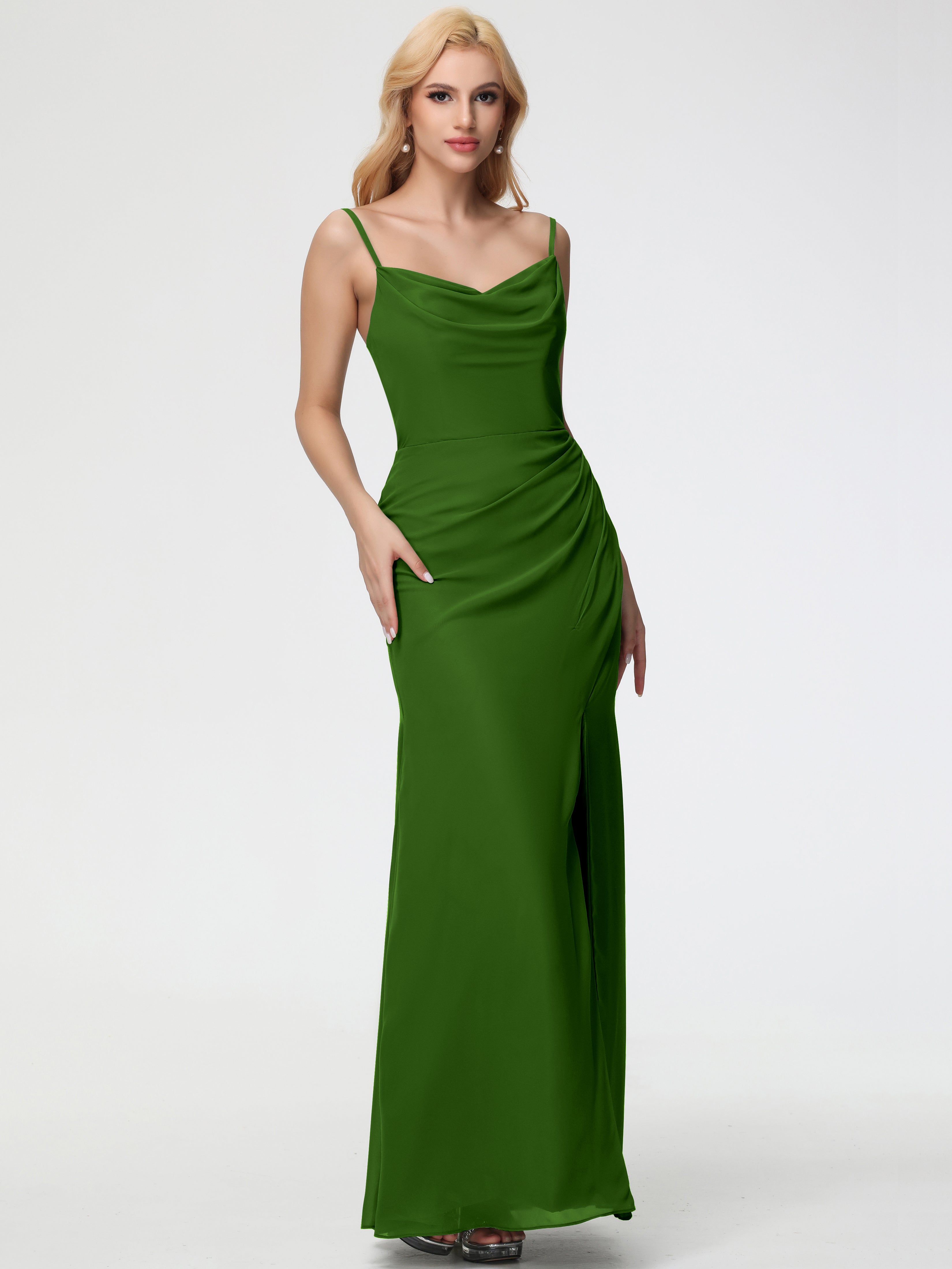 Robes De Demoiselle D'honneur Vert Mousse Col bénitier Fendue Fourreau/Colonne Mousseline Robe Demoiselle d'Honneur