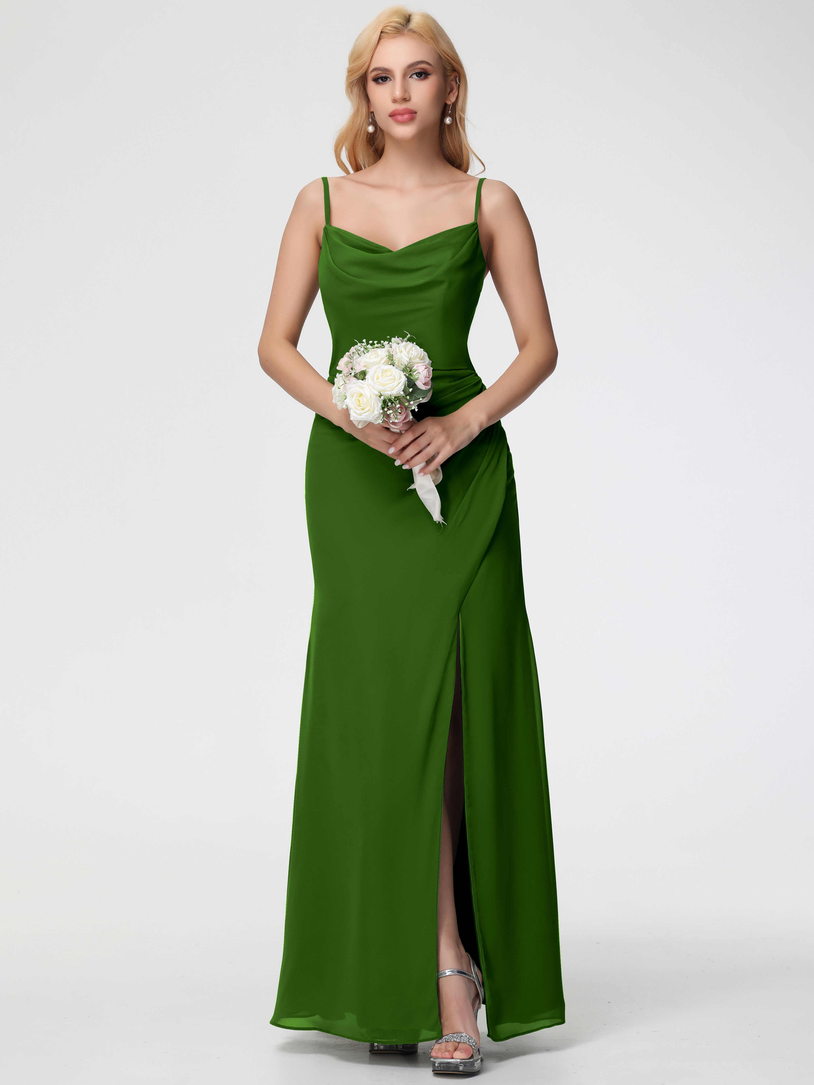 Robes De Demoiselle D'honneur Vert Mousse Col bénitier Fendue Fourreau/Colonne Mousseline Robe Demoiselle d'Honneur