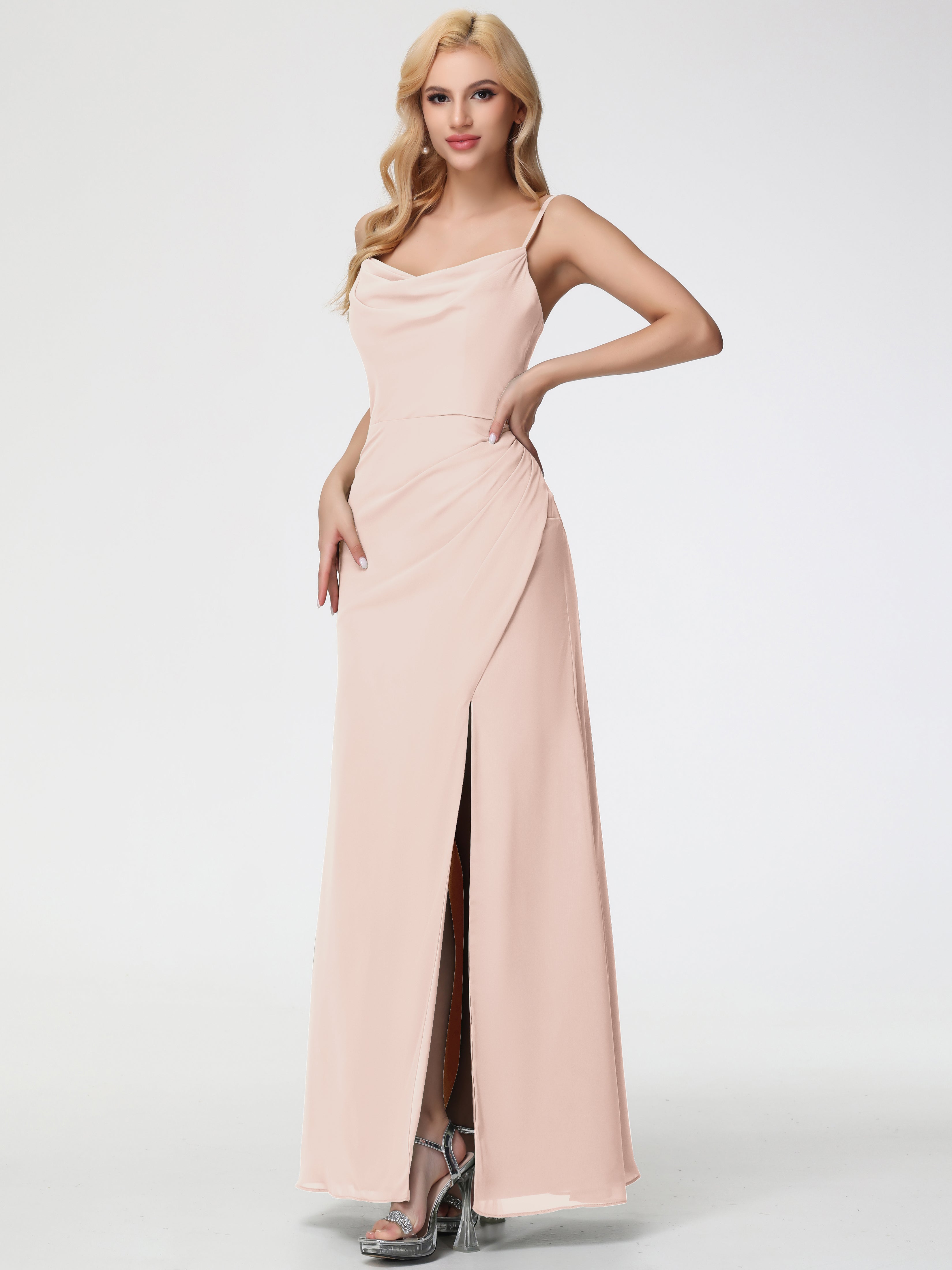 Robe Demoiselle D Honneur Rose Perle Col bénitier Fendue Fourreau/Colonne Mousseline Robe Demoiselle d'Honneur