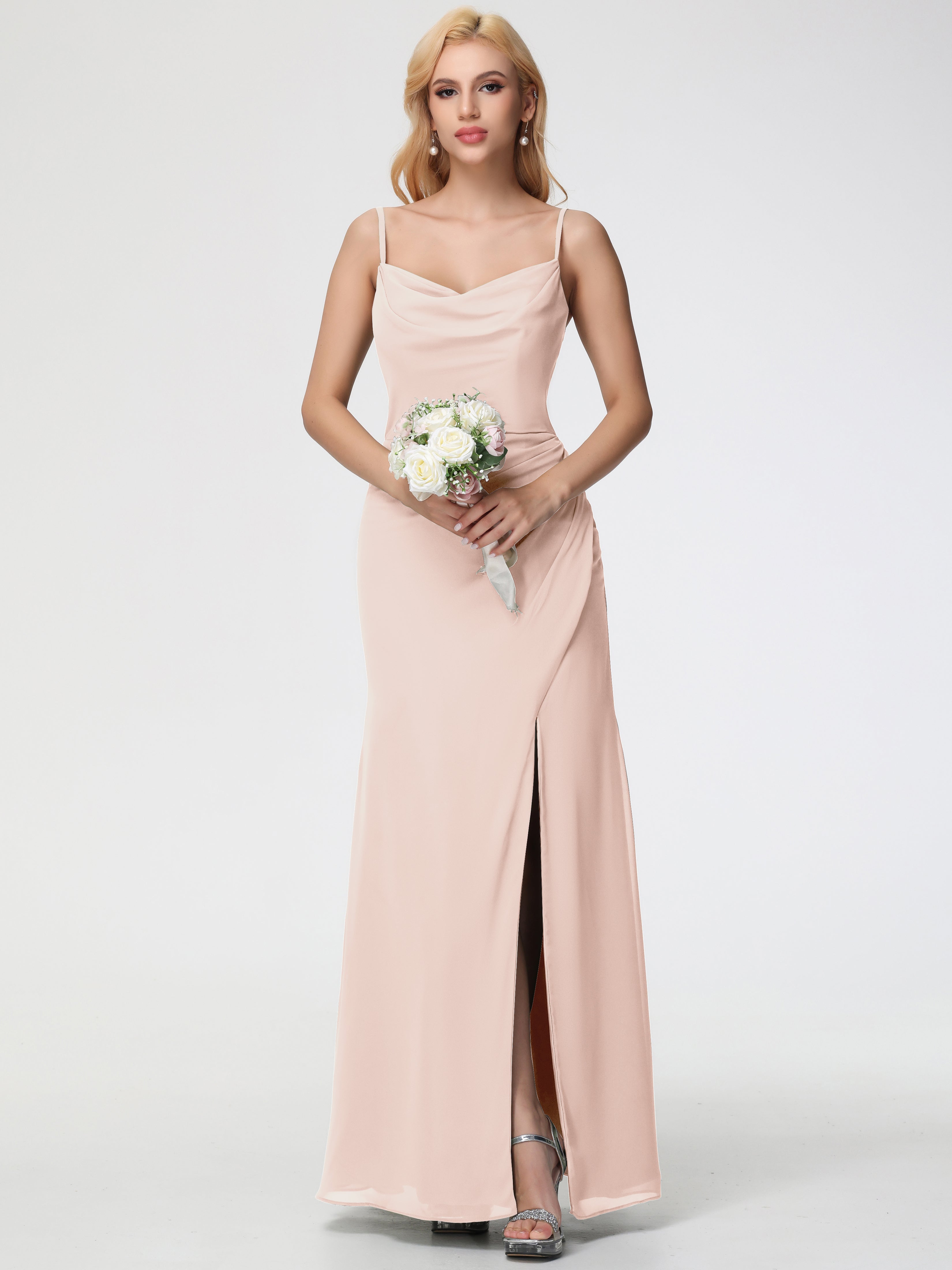 Robe Demoiselle D Honneur Rose Perle Col bénitier Fendue Fourreau/Colonne Mousseline Robe Demoiselle d'Honneur