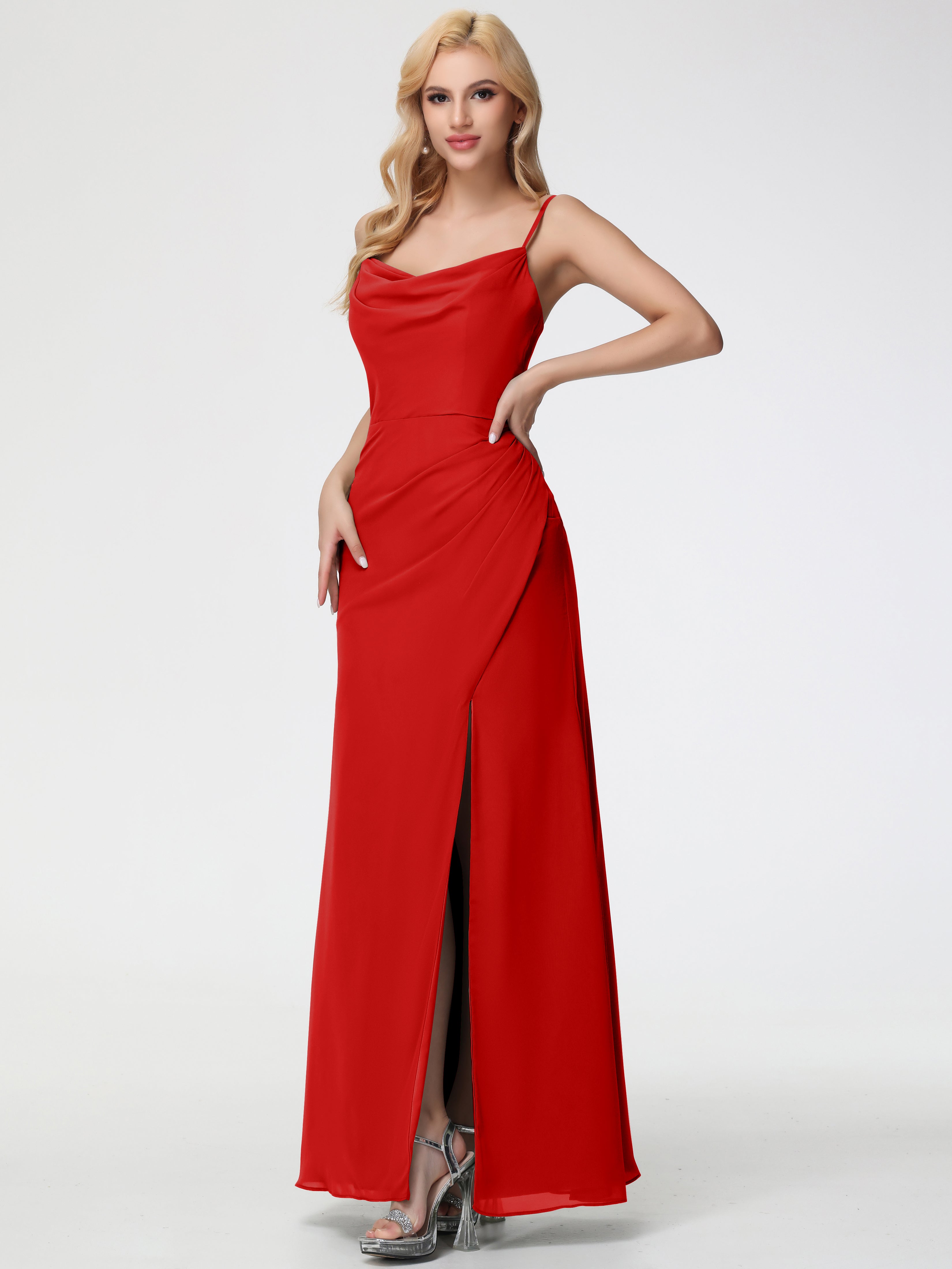 Robe Demoiselle D Honneur Rouge Col bénitier Fendue Fourreau/Colonne Mousseline Robe Demoiselle d'Honneur