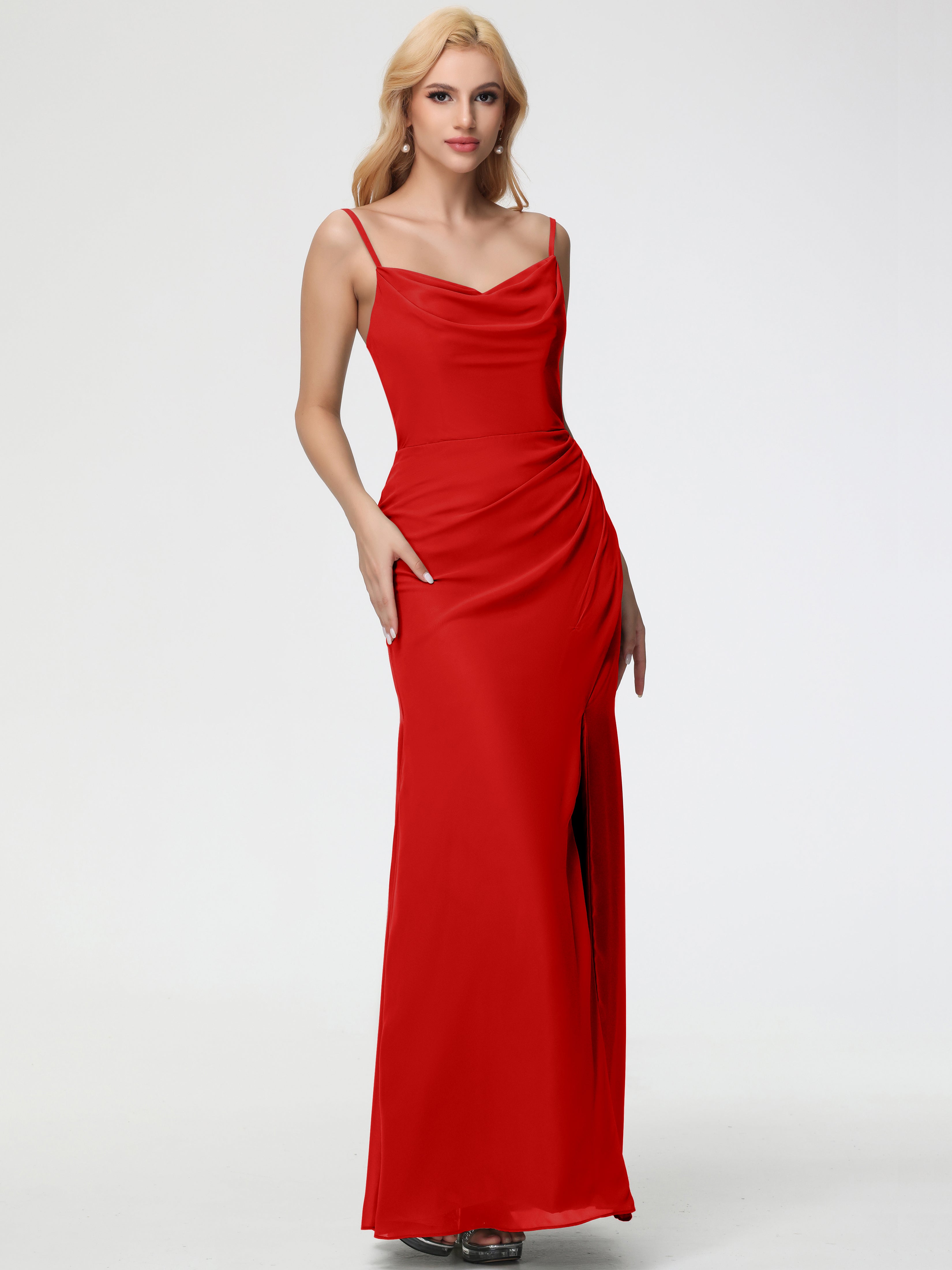 Robe Demoiselle D Honneur Rouge Col bénitier Fendue Fourreau/Colonne Mousseline Robe Demoiselle d'Honneur