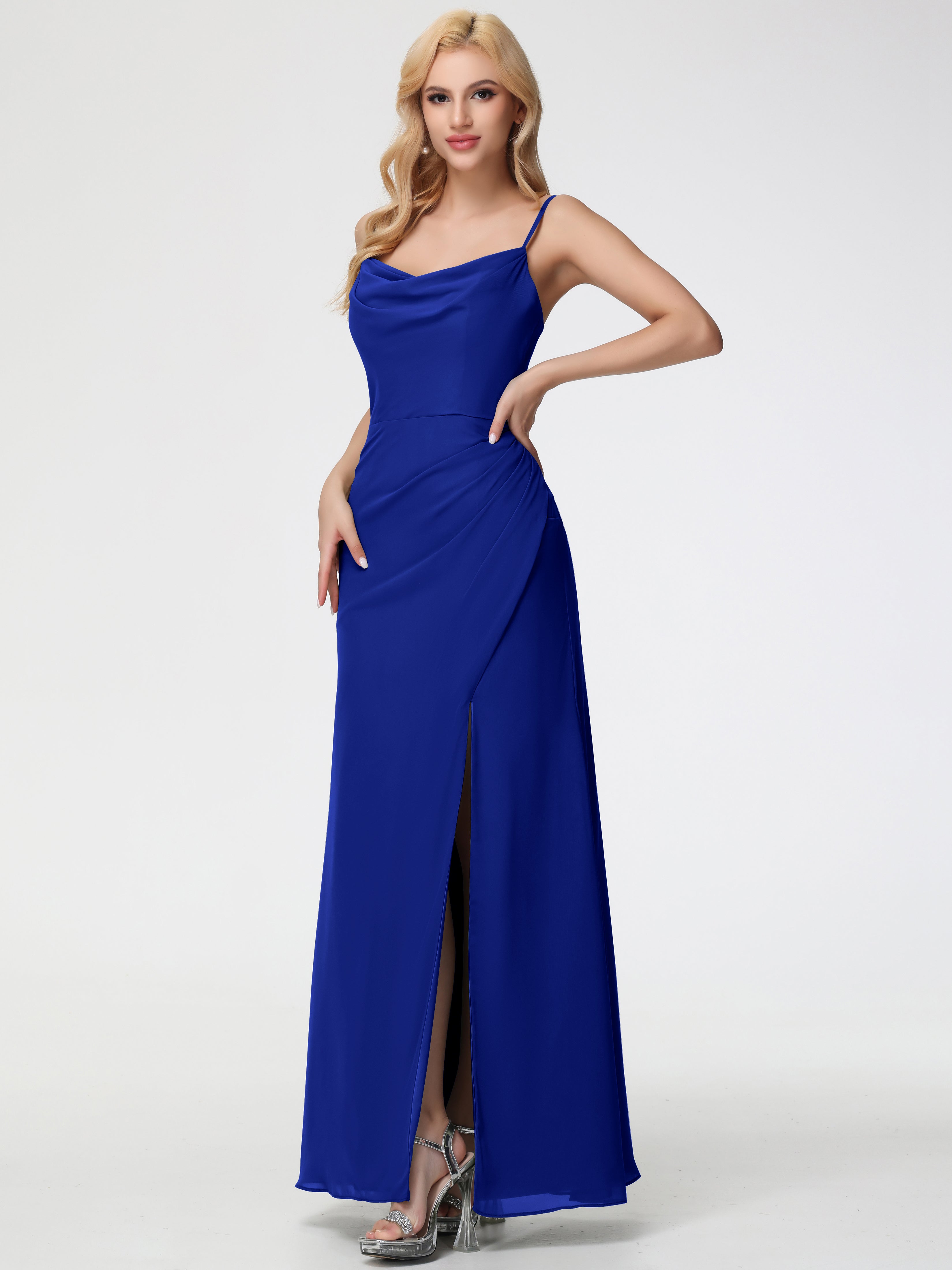 Robe Demoiselle D Honneur Bleu Royal Col bénitier Fendue Fourreau/Colonne Mousseline Robe Demoiselle d'Honneur