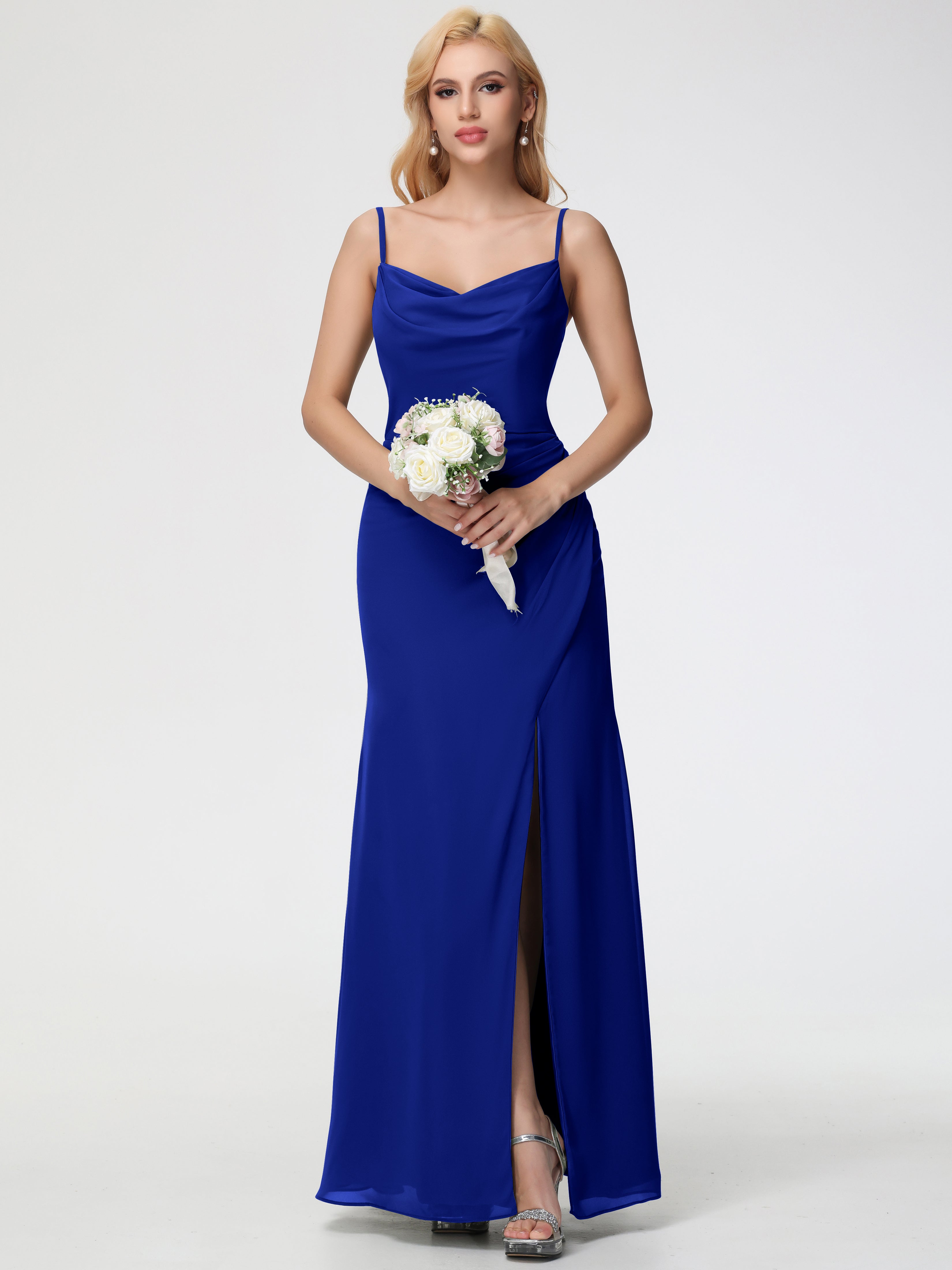 Robe Demoiselle D Honneur Bleu Royal Col bénitier Fendue Fourreau/Colonne Mousseline Robe Demoiselle d'Honneur