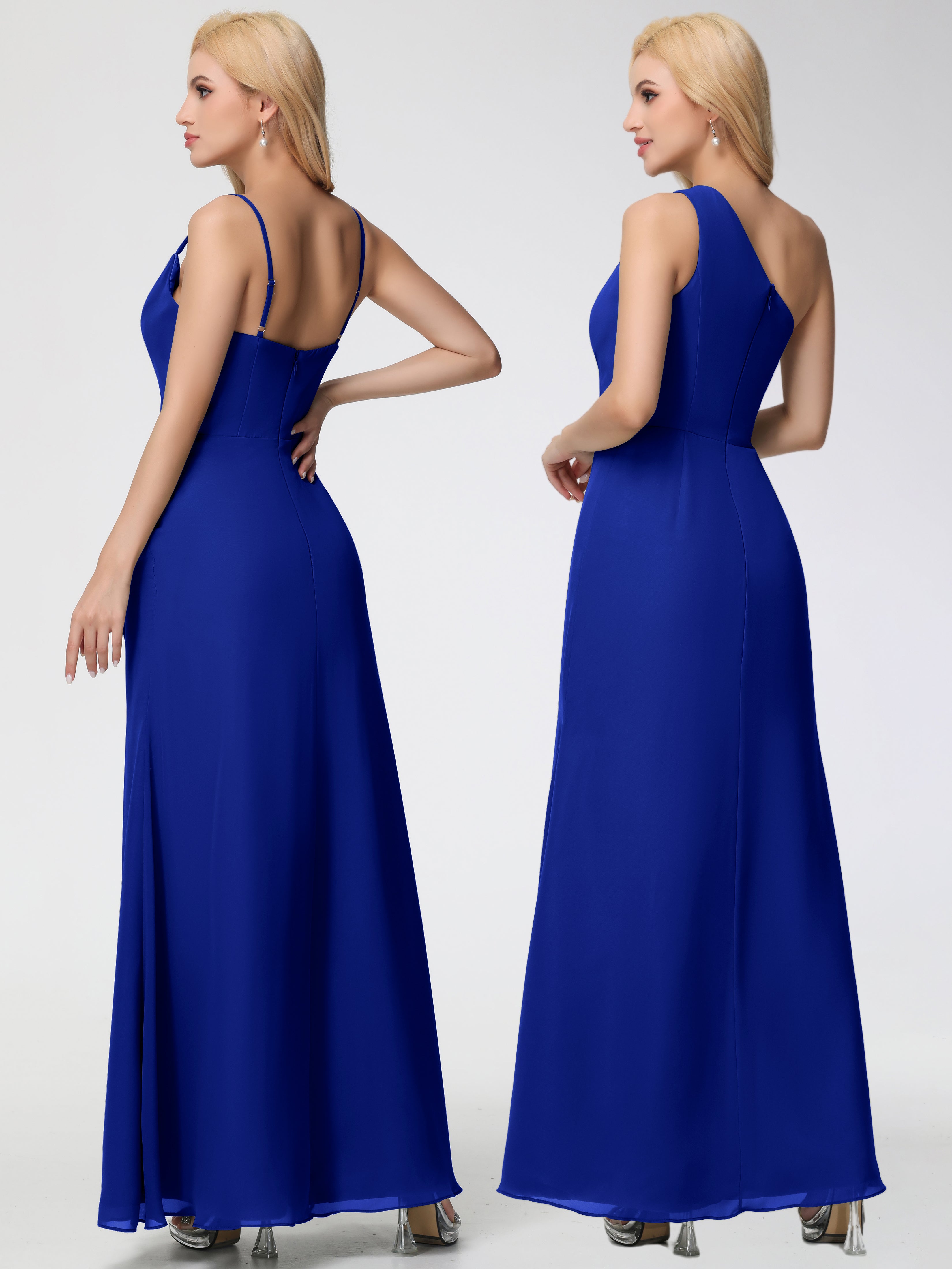 Robe Demoiselle D Honneur Bleu Royal Col bénitier Fendue Fourreau/Colonne Mousseline Robe Demoiselle d'Honneur